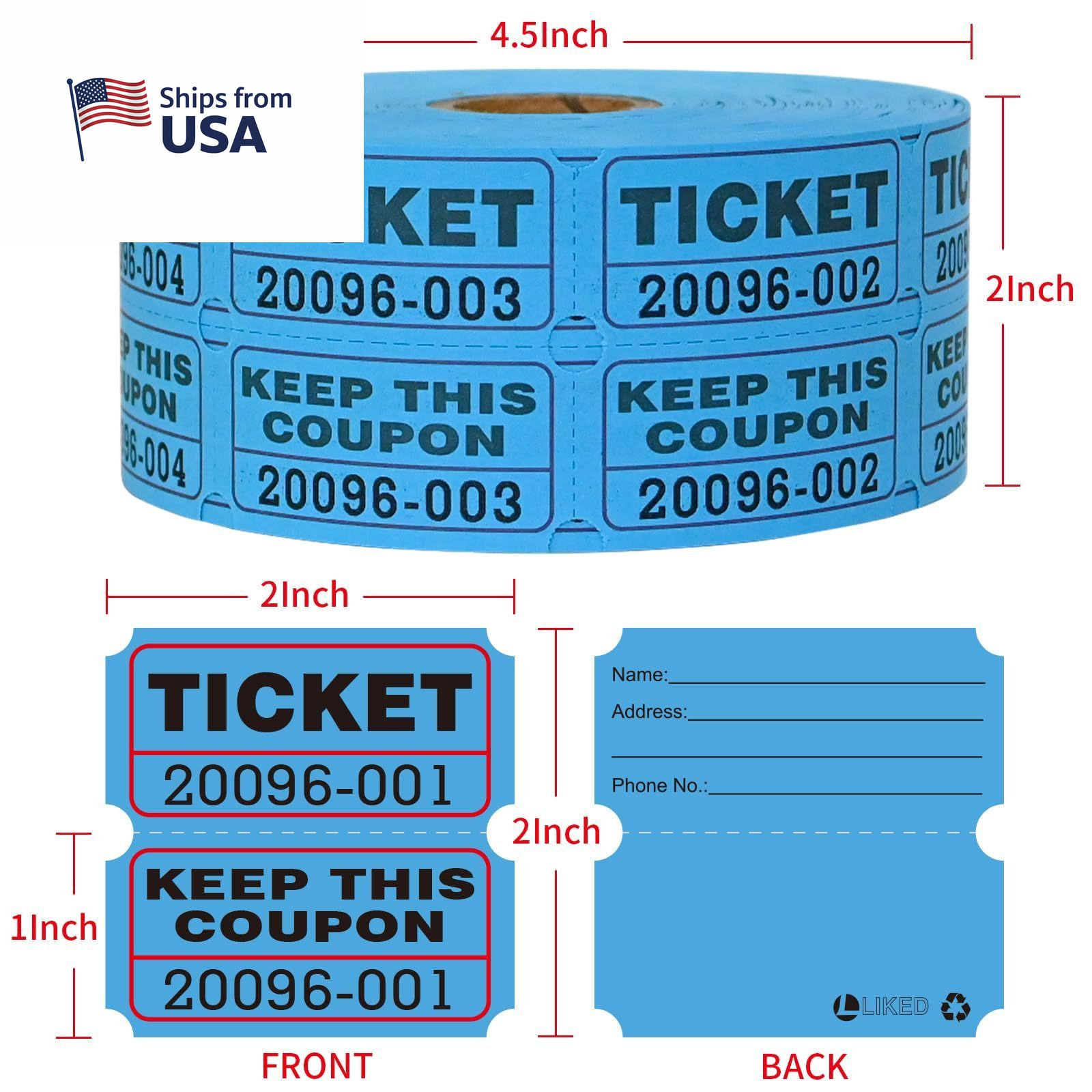 L LIKED Raffle Tickets Double Rolls 1000 4.5 x x 2.0 inches, 1000 Blue