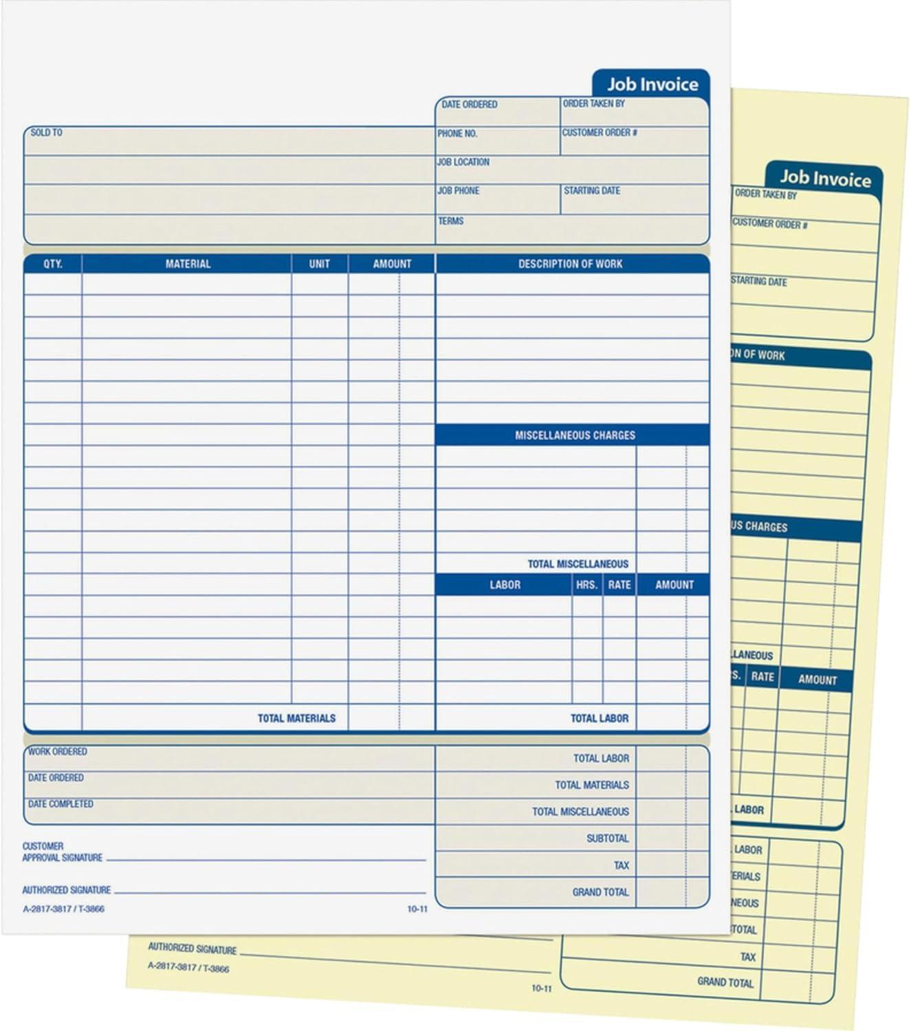 Adams Job Invoice Forms, 2-part Carbonless, for Service and Repair Billing, 100