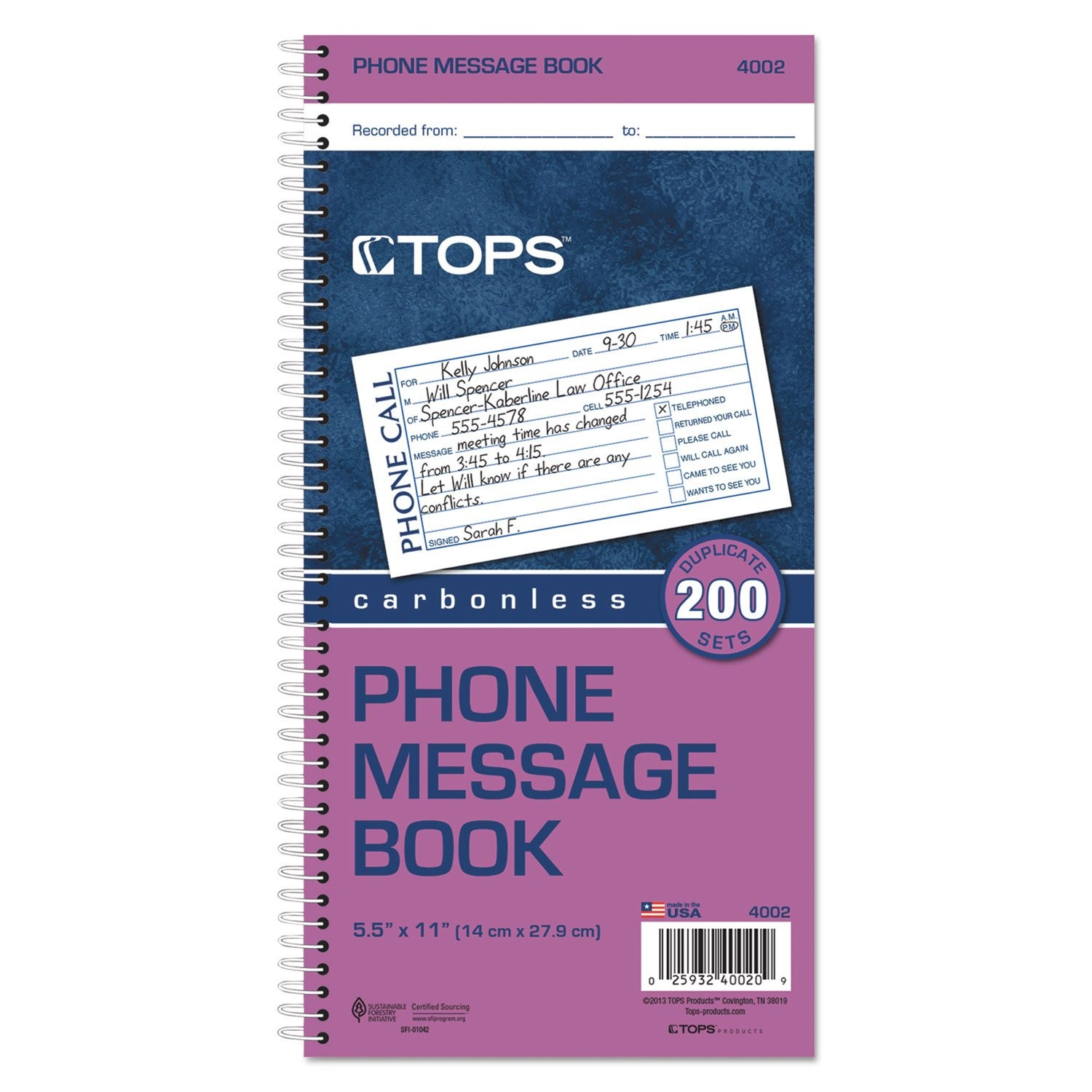 TOPS Phone Message Book Carbonless Duplicate 4 Messages per Page 200 Set per …
