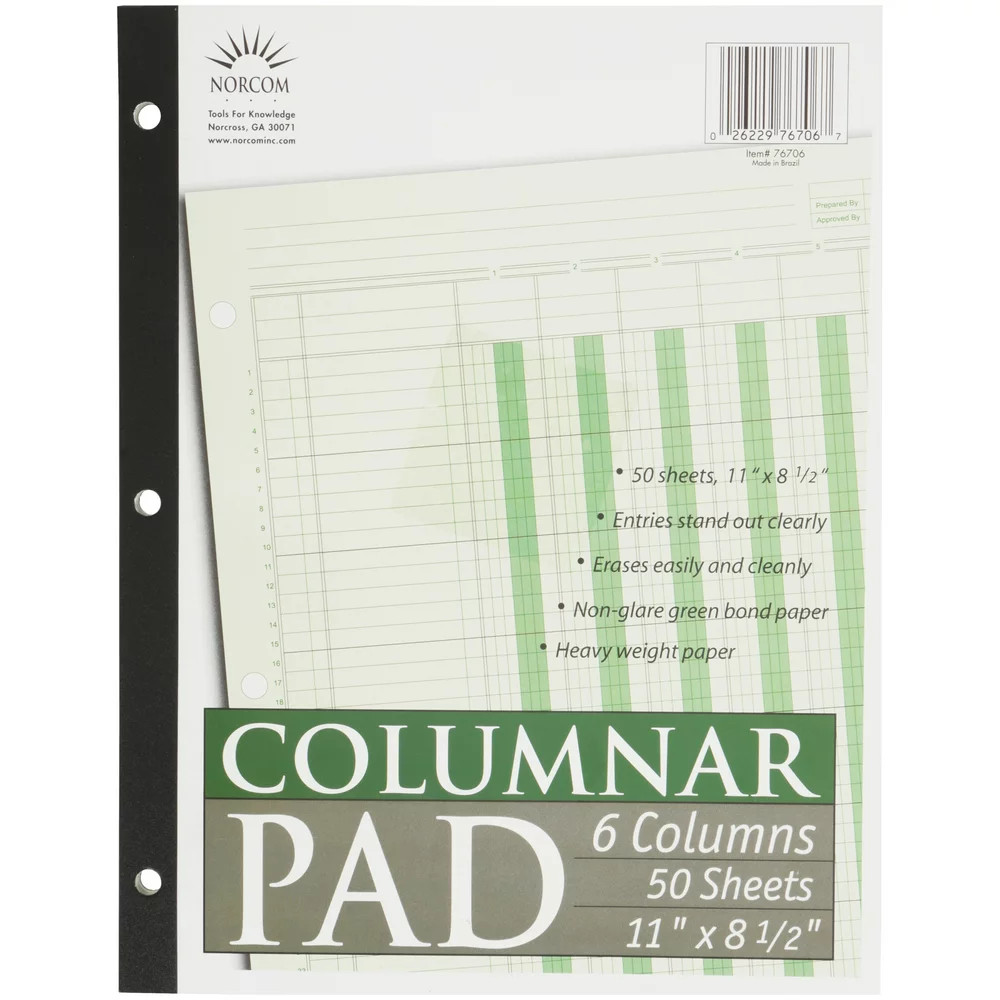 Columnar Ledger Pad, 6 Columns, 8.5″ X 11″, Letter Size, 50 Sheets