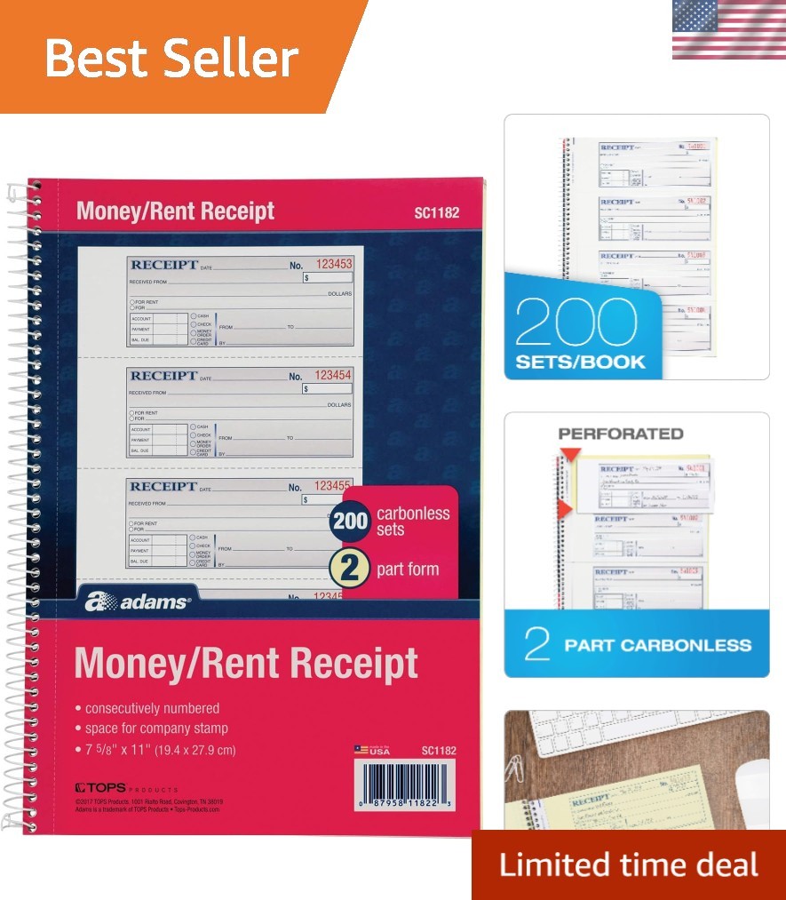 Convenient Money & Rent Receipt Book – 200 Carbonless Sets, 4 Receipts Per Page