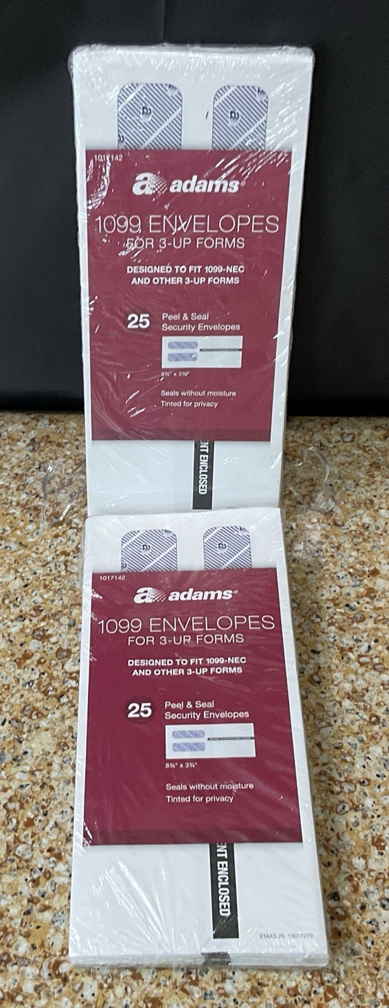 Adams 1099 Envelopes For 3-Up Forms Double Window Peel & Seal 2 Pkgs/50 Total
