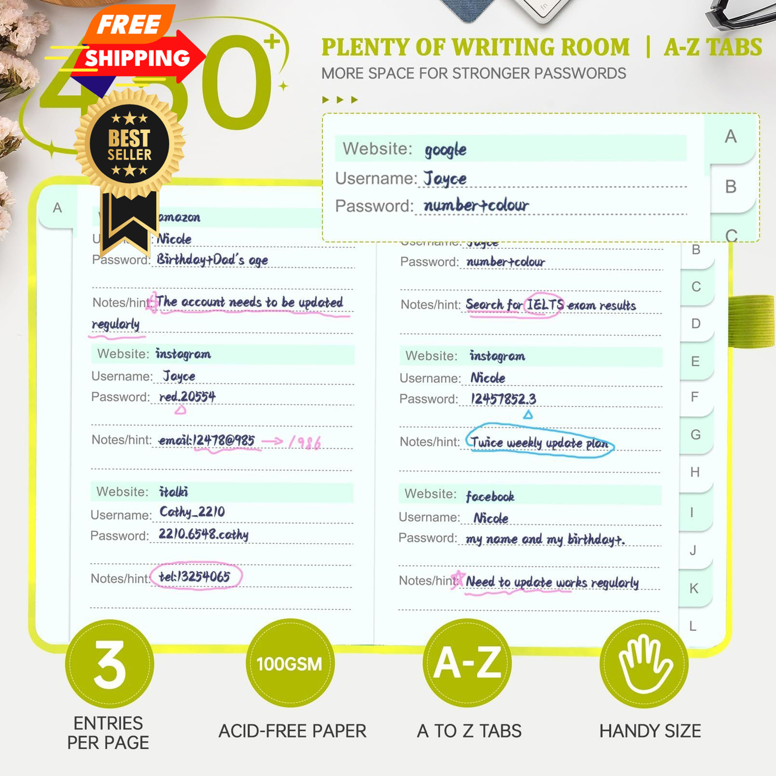 Password Book with Alphabetical tabs. No Inner Pocket, Fluorescent Green