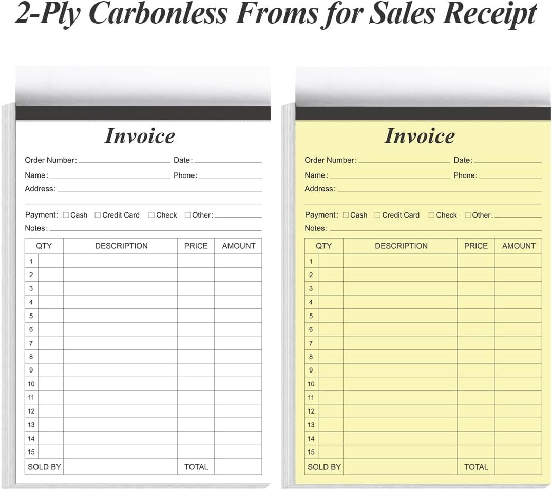 Invoice Receipt Book with Cardboard 2-Part Carbonless, 5.5″ X 8.5″ Order Forms