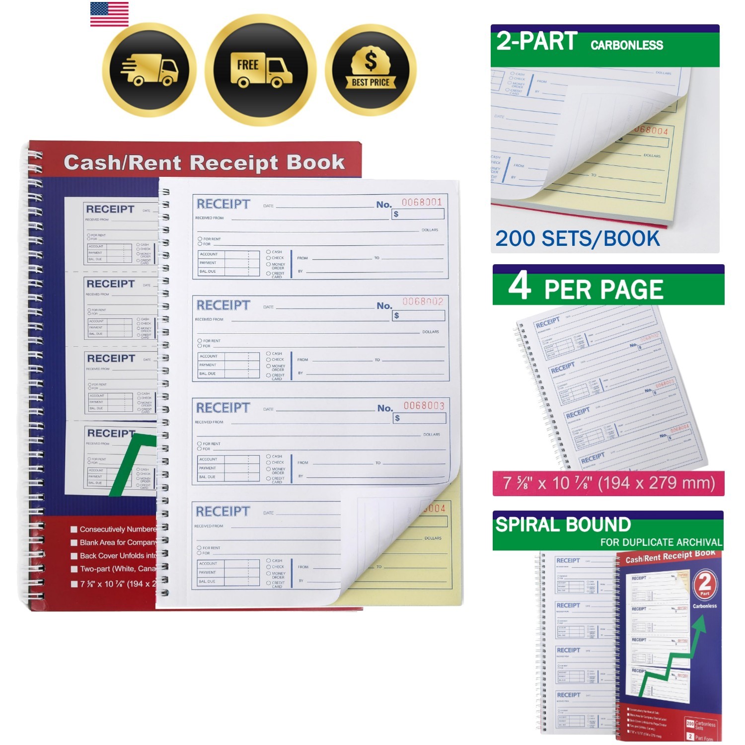 Money and Rent Receipt Book 2-Part Carbonless 7-5/8″ x 11″ Spiral Bound 200 S…