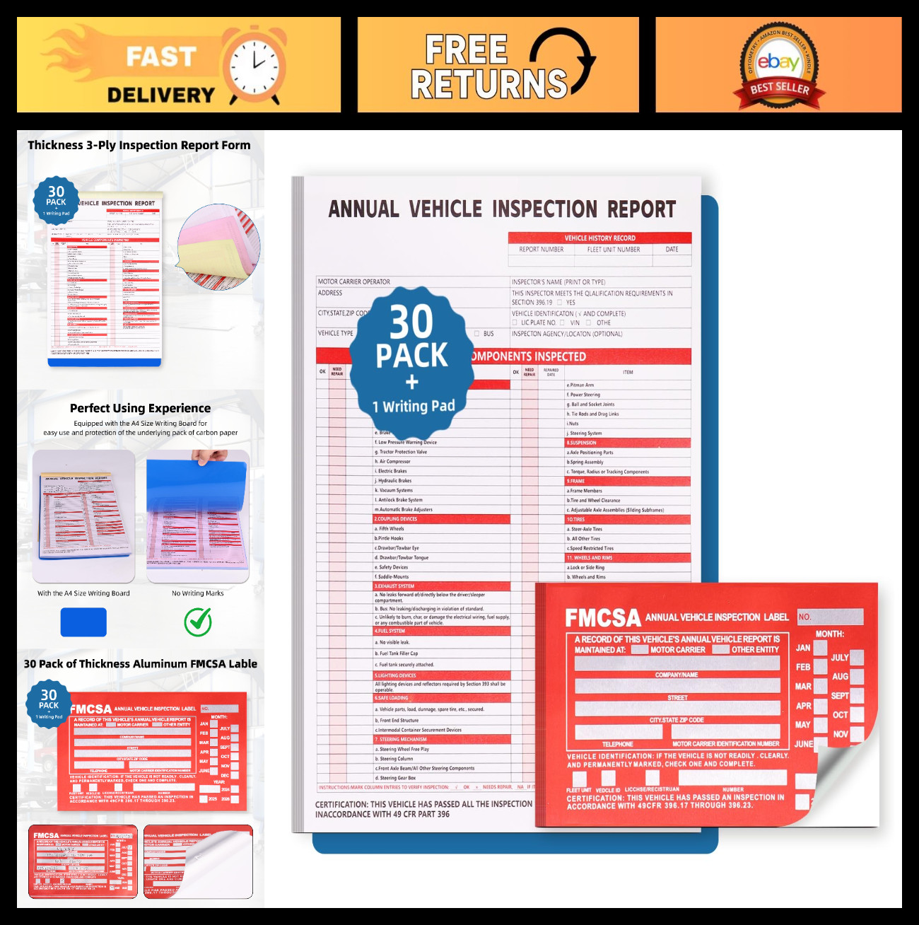 30-Pack Vehicle Inspection Report Forms, Carbonless 3-Ply, Includes DOT Stickers