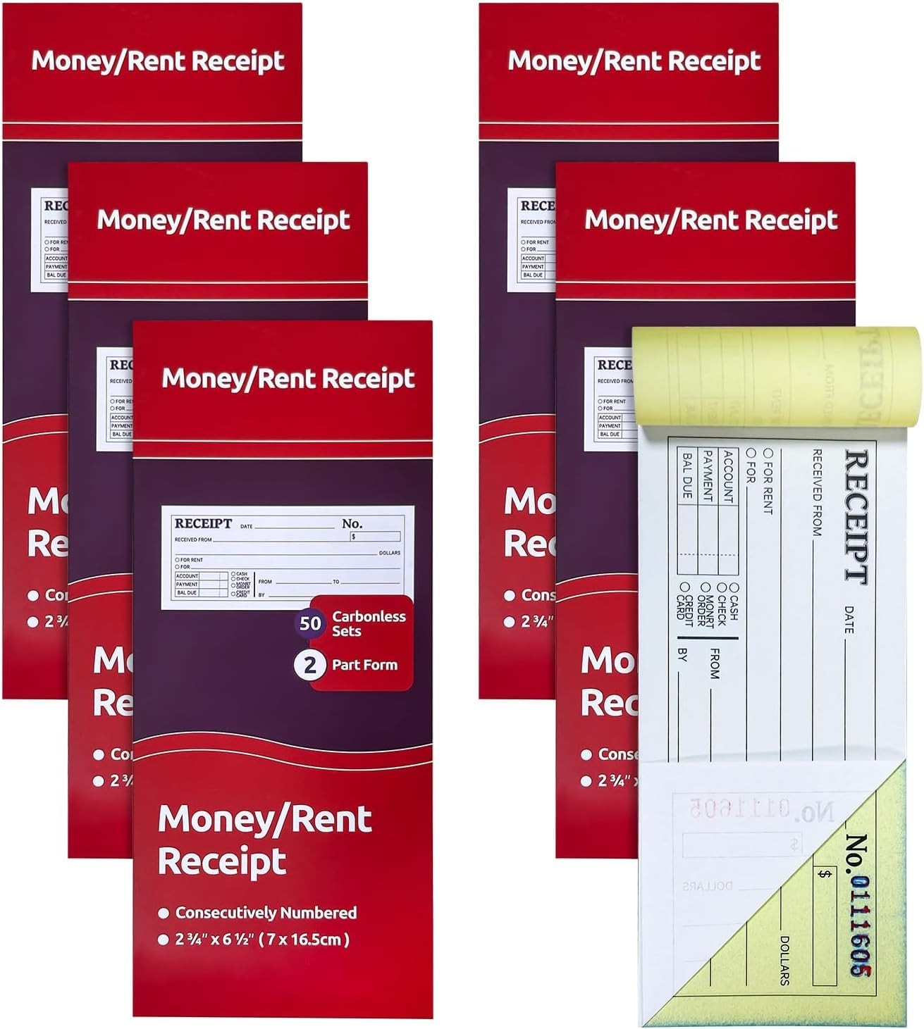 6-Pack Carbonless Receipt Book for Small Business – Money & Rent Receipts, 2-…