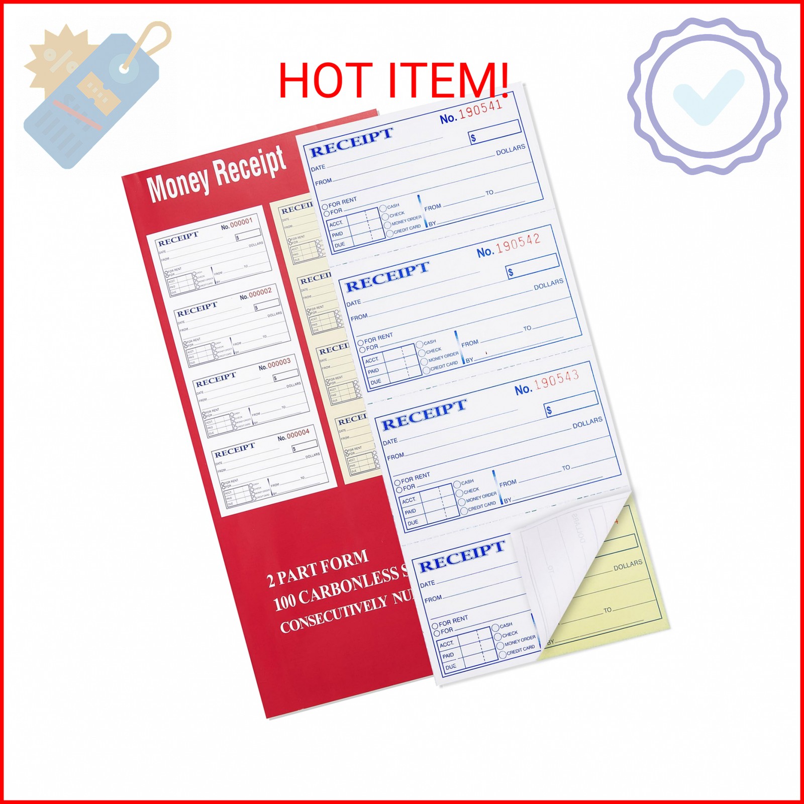 Receipt Book with Carbon Copies, 2-Part carbonless, 100 Sets per Book, 4 Receipt