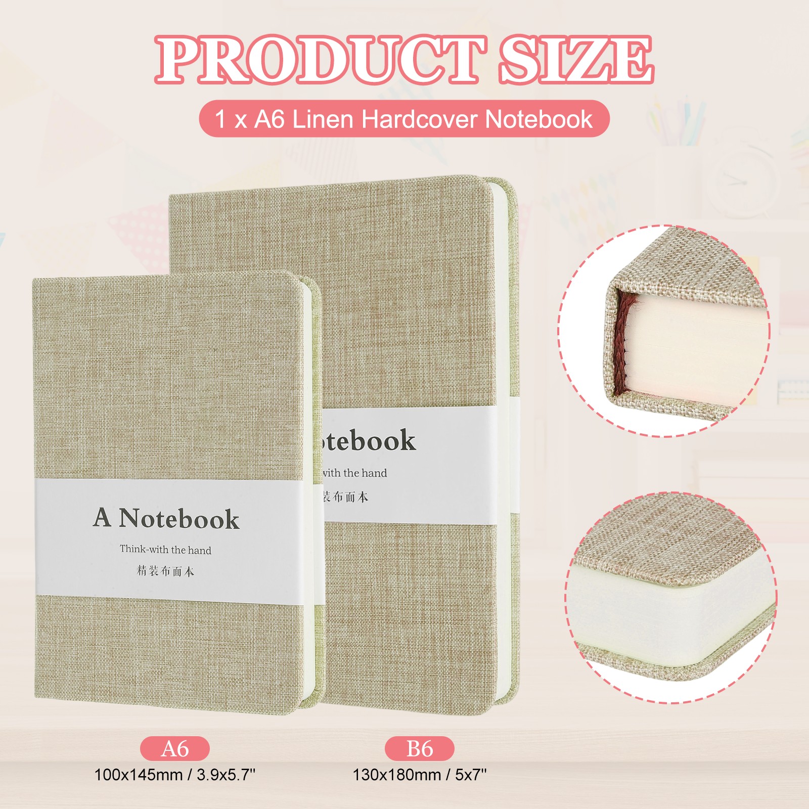Linen Journal Notebook, 256 Pages 100 Gsm A6（3.9×5.7） Hardcover (Khaki)