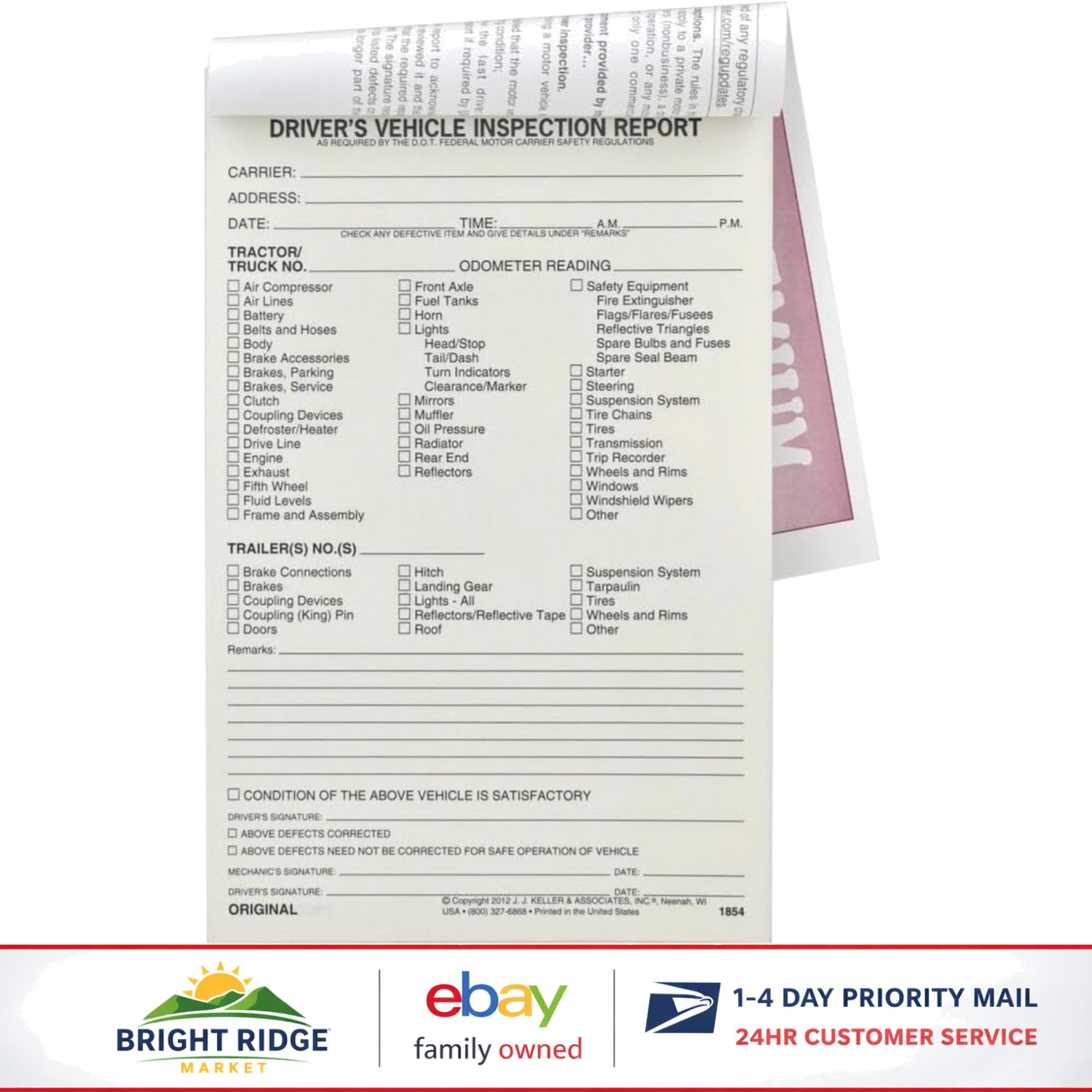 Vehicle Inspection Checklist Book, 25 Copies, 31 Sets of Forms, DOT Requirements