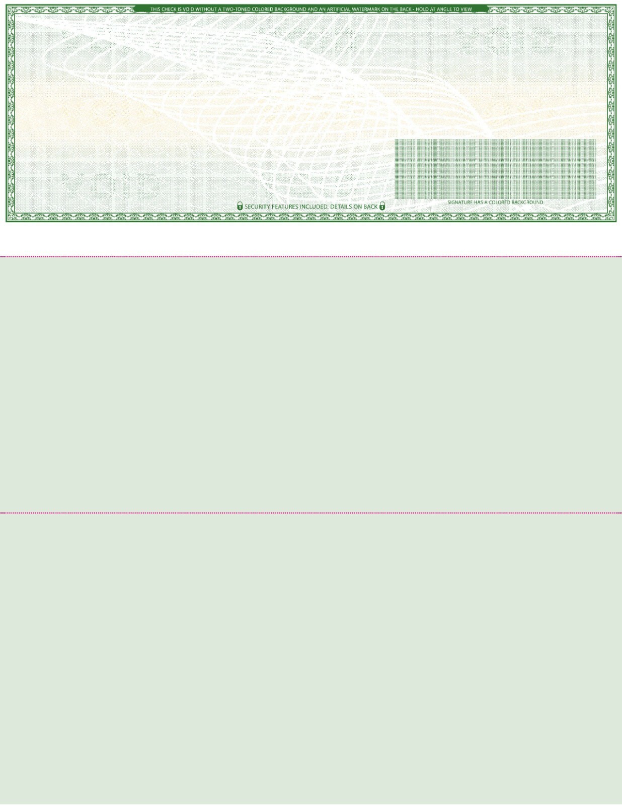 100 Blank Check paper “High Security” – Check on Top – Green Art Deco