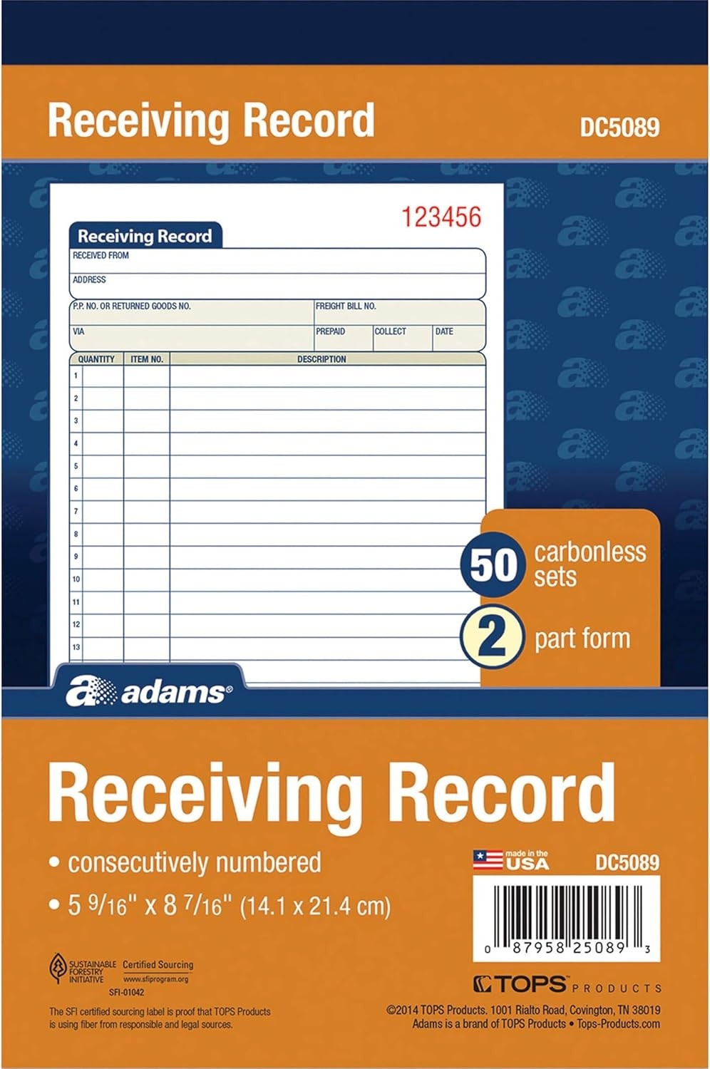 Receiving Record Book, 2-Part, Carbonless, 5-9/16 X 8-7/16 Inches, 50 Sets per B