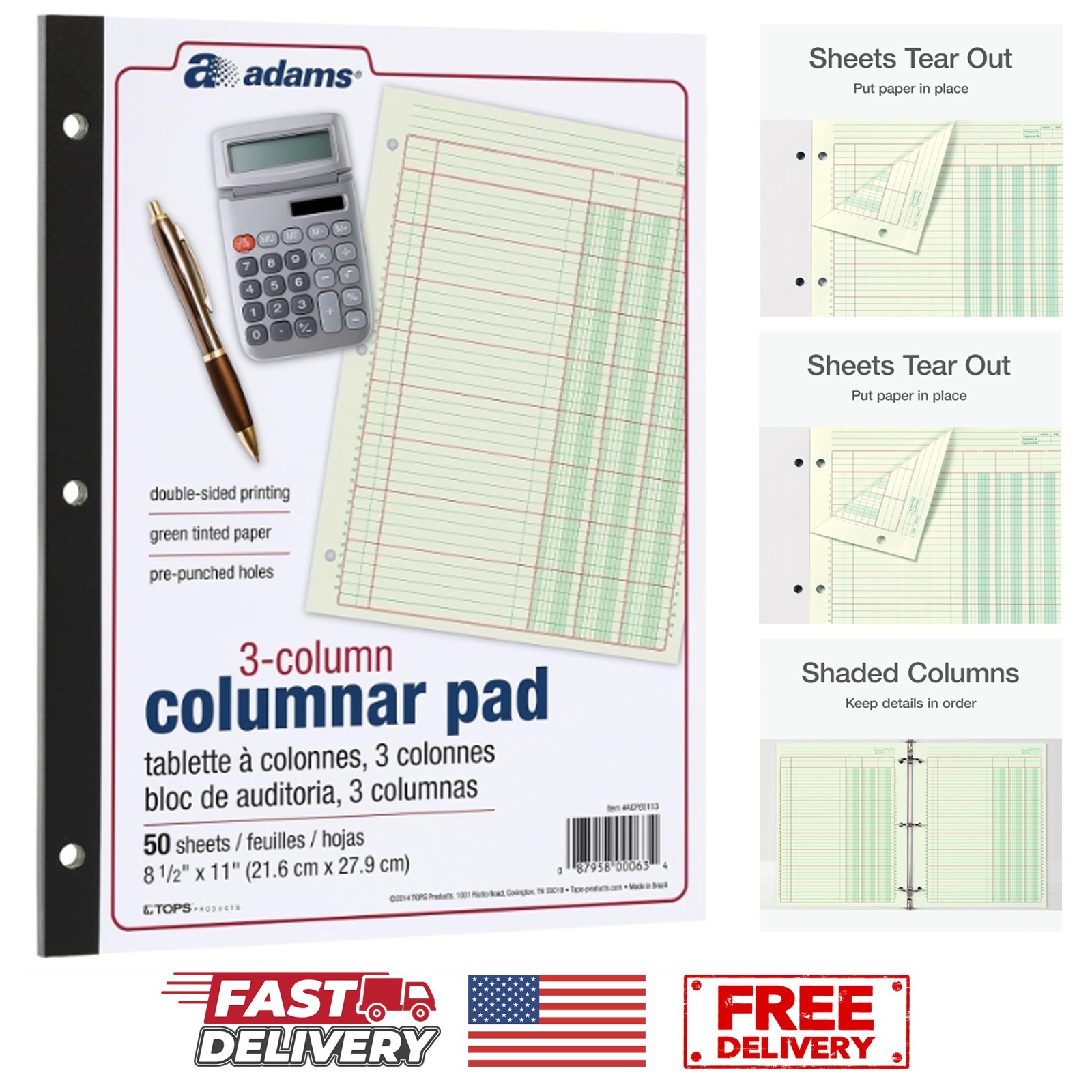 Adams Columnar Analysis Pad 3 Column 8 1/2 X 11 Single Page Format 50 Sheets/pad