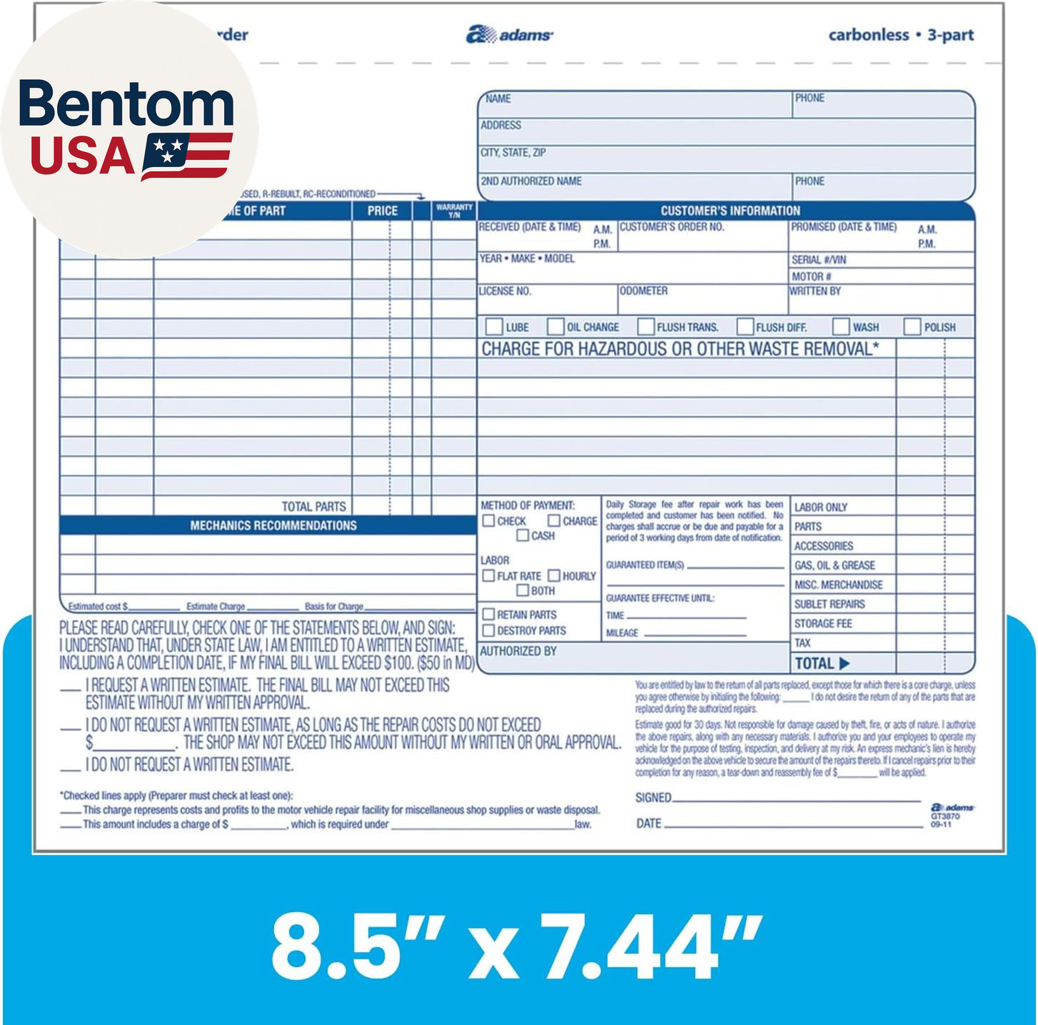 Auto Repair Order Forms, 8.5 X 7.44 Inch, 3-Part, Carbonless, 50-Pack, White and
