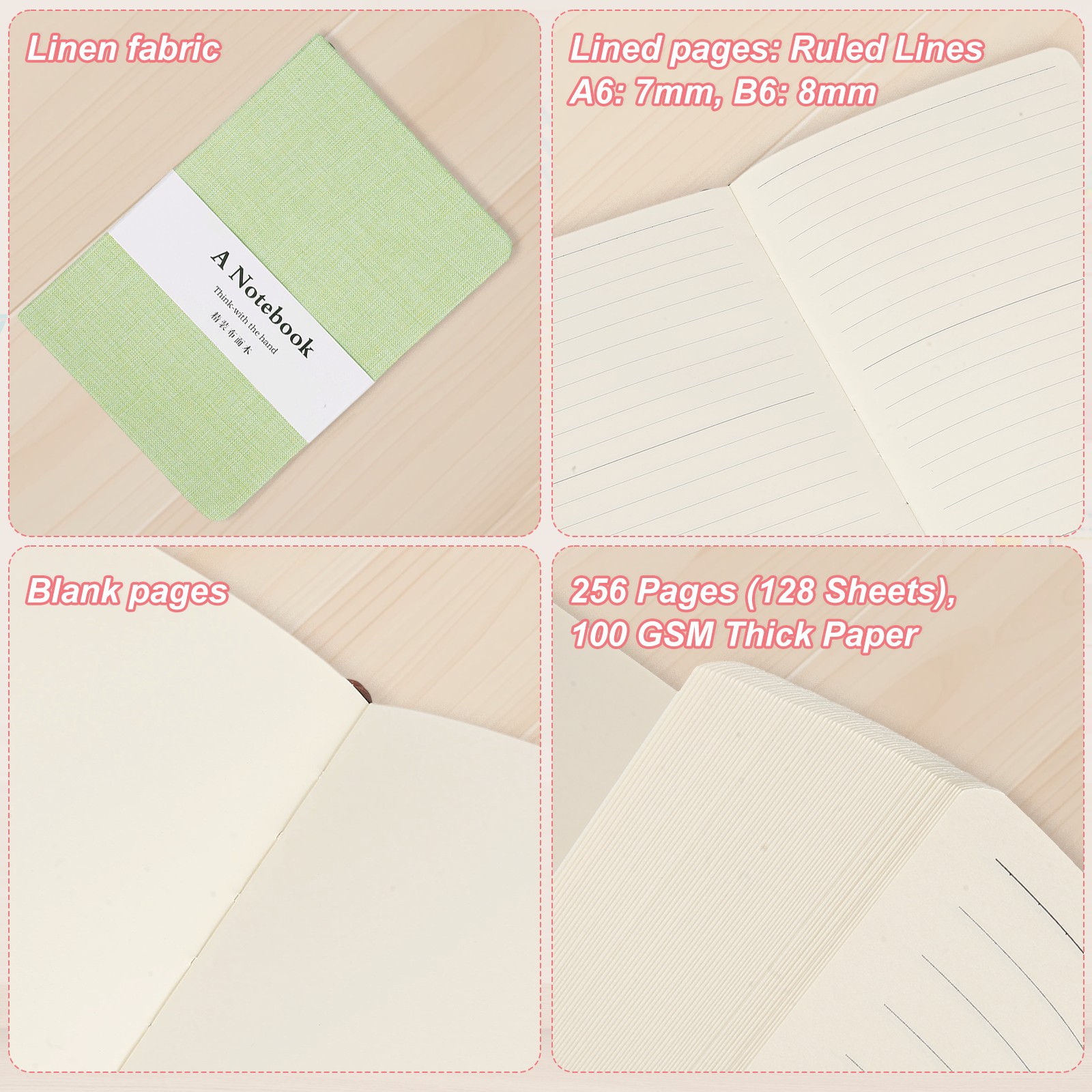 Linen Journal Notebook, 256 Pages 100 Gsm B6（5×7） Hardcover Journals (Green)
