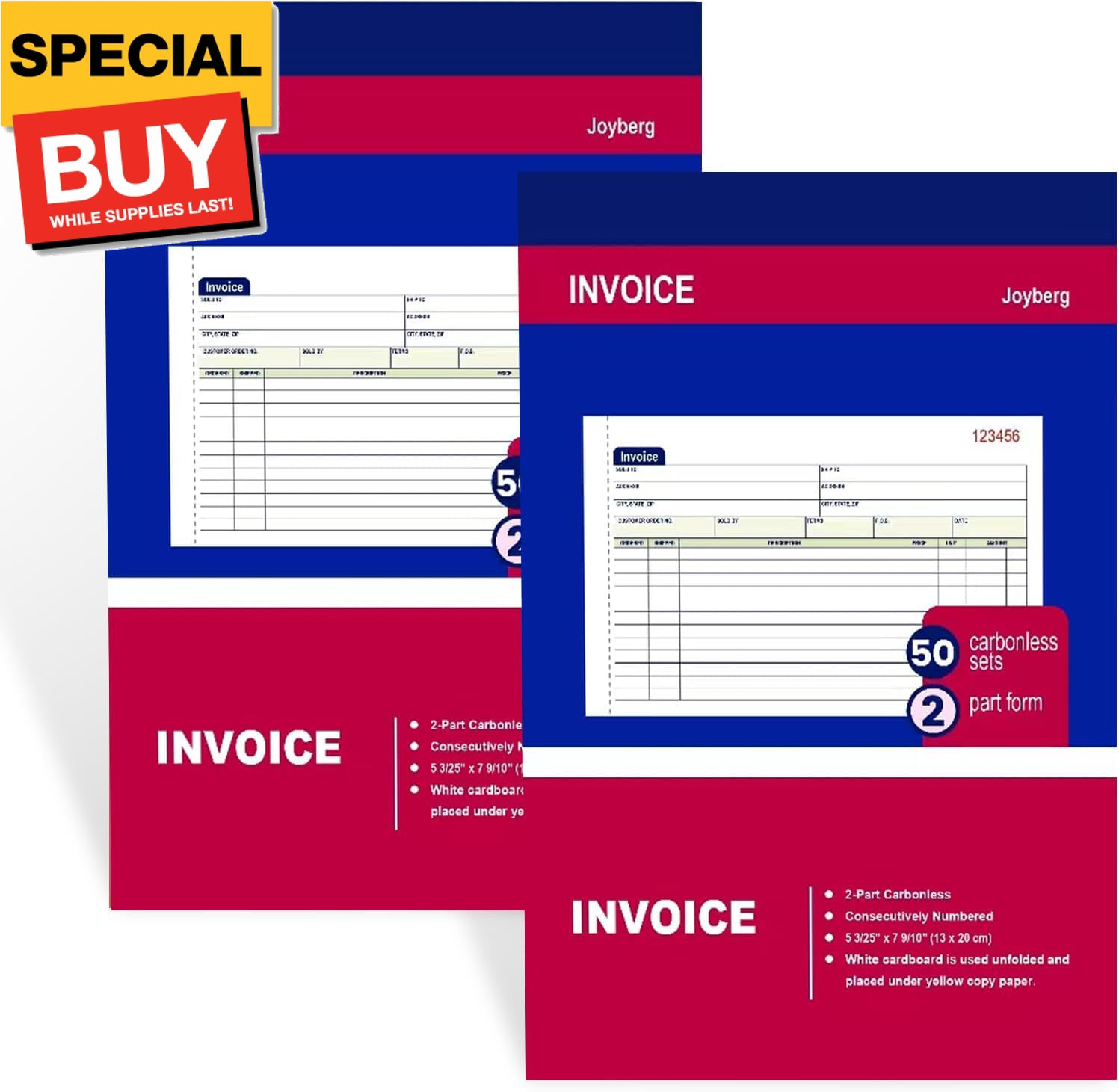 2 Packs Invoice Book for Small Business 2-Part Carbonless, 5-1/8”x7-29/32” Recei