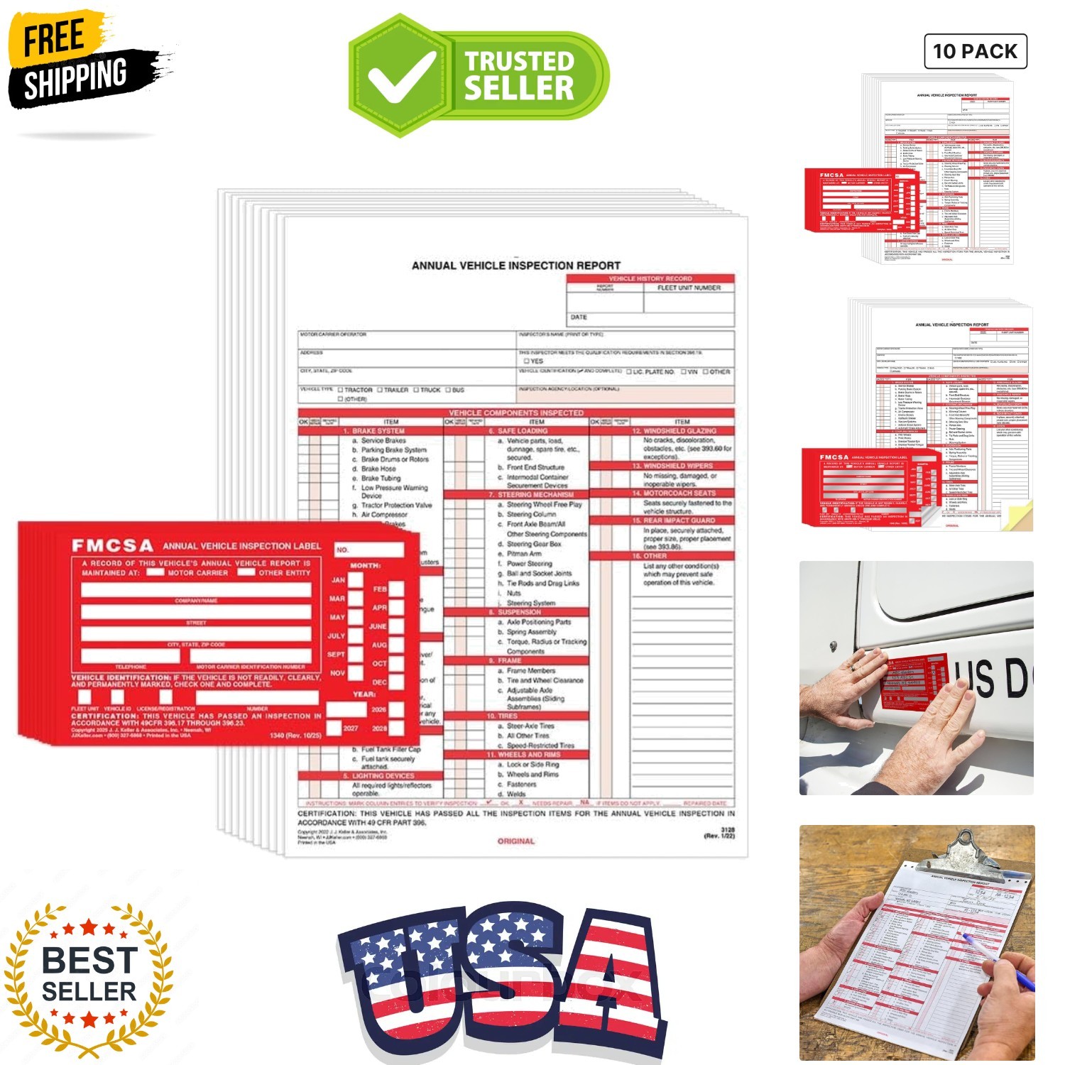 J. J. Keller 10-Pack, Annual Vehicle Inspection Report Form & Red FMCSA Label…