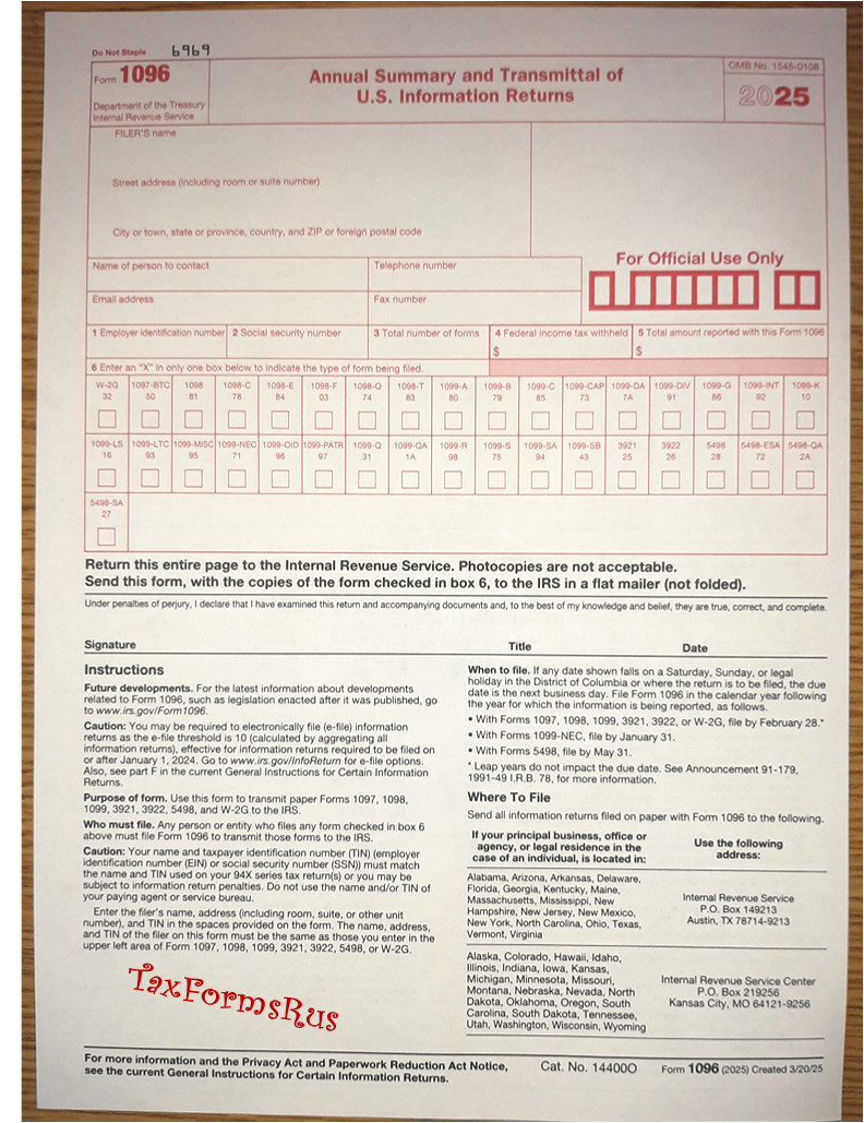 2025 IRS Tax Form 1099-B — 10 recipients +(2) 1096 NONcarbonless 4pt 2up NO Env