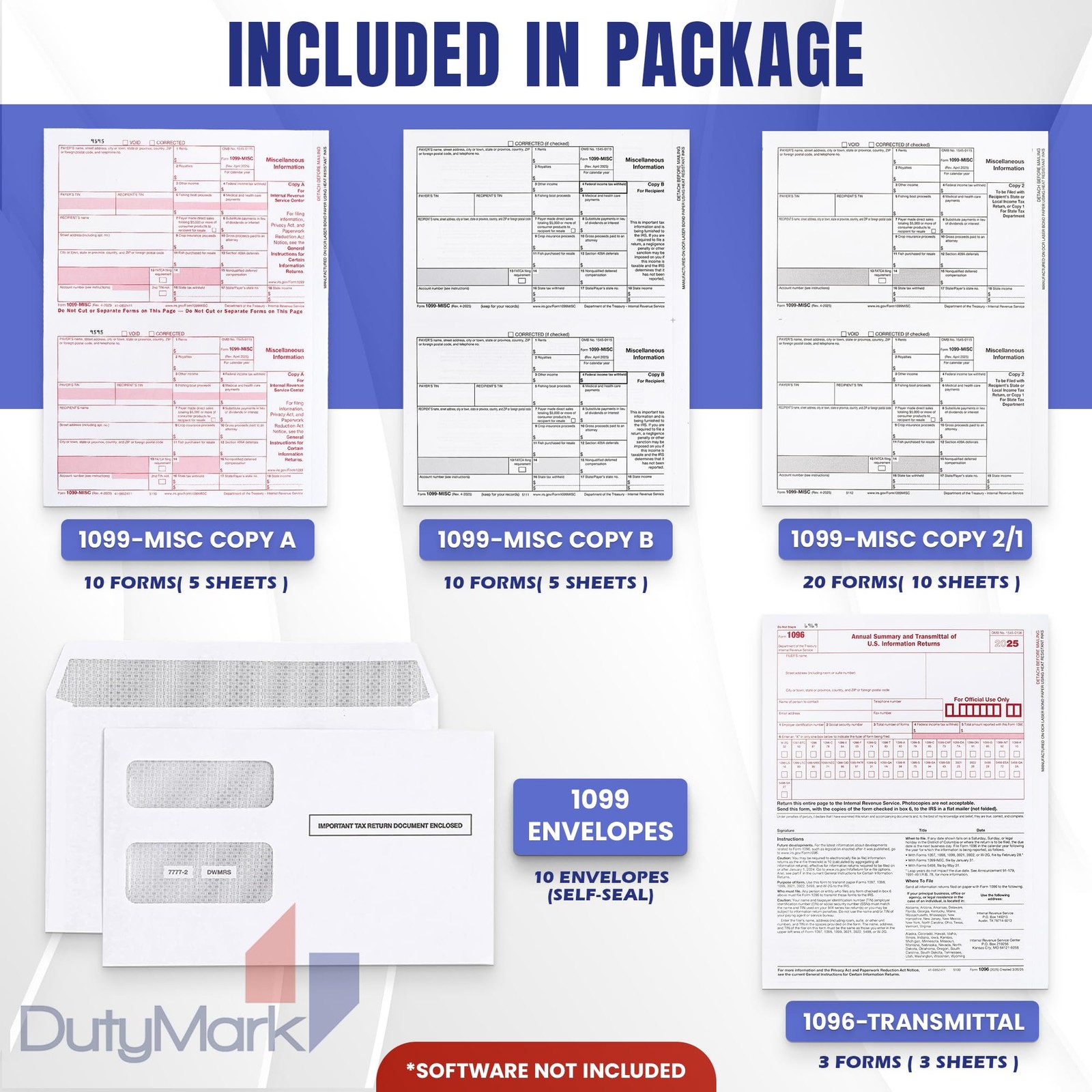 DuryMark 1099 Misc Tax Forms 2025 with Envelopes, 10 Vendor 10 With Envelopes