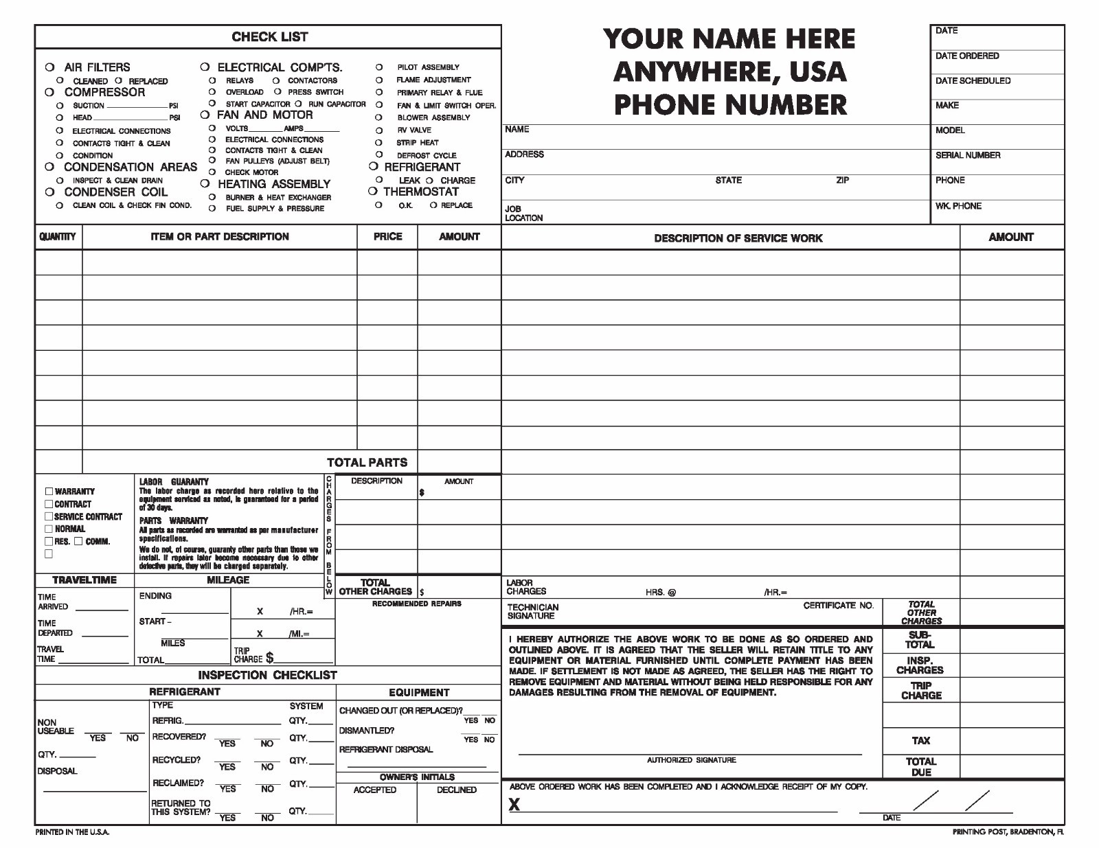 (100) 2-part NCR forms – Heating & Air Conditioning Repair Order – Invoice