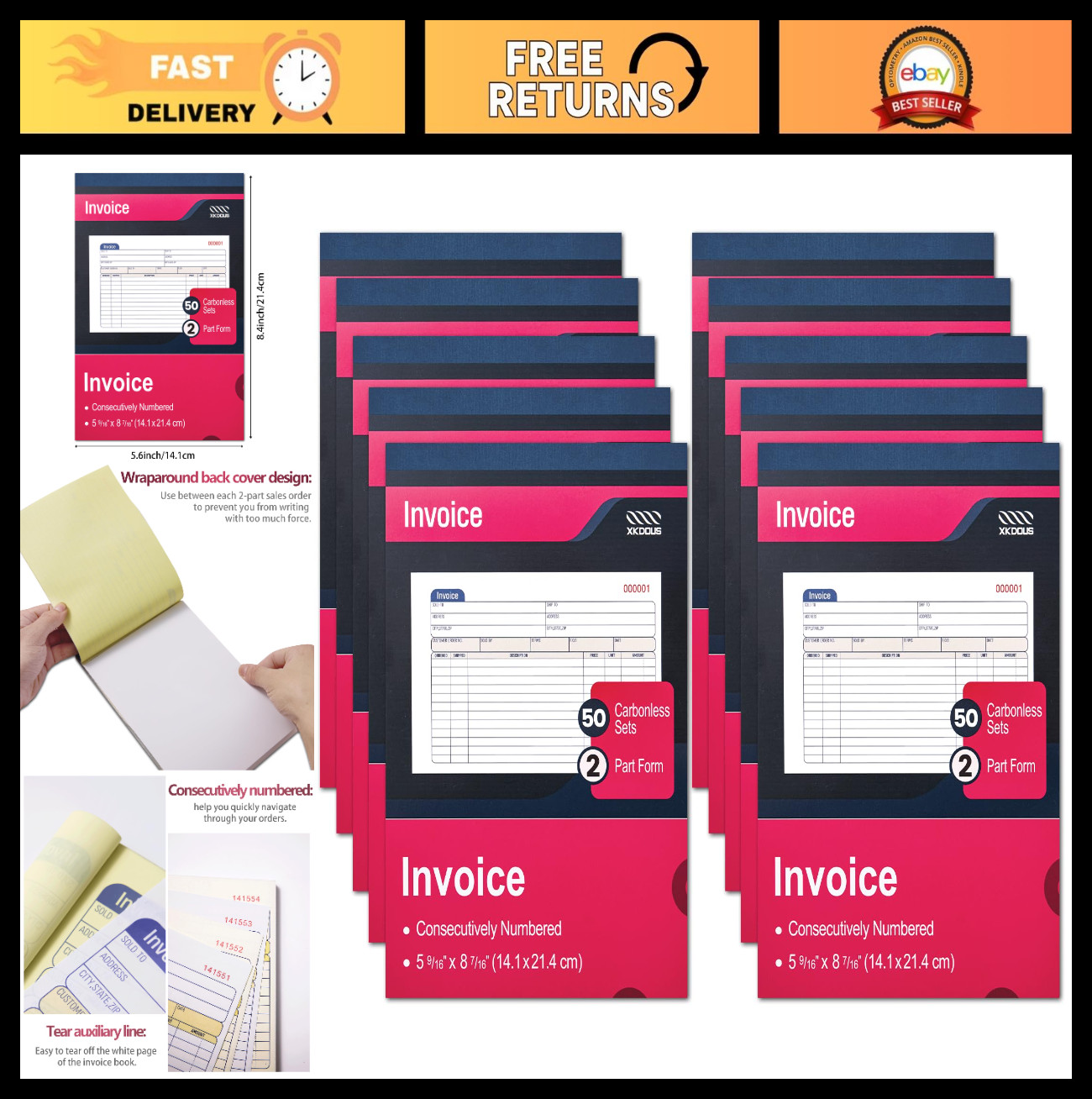 10 Pack Carbonless Invoice Book – 2-Part Receipt Book for Small Business, 50 Set