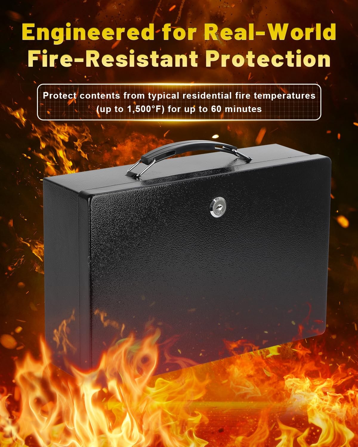 KYODOLED Fireproof Document Box with Key Lock, Small Medium, Black-M-Key Lock