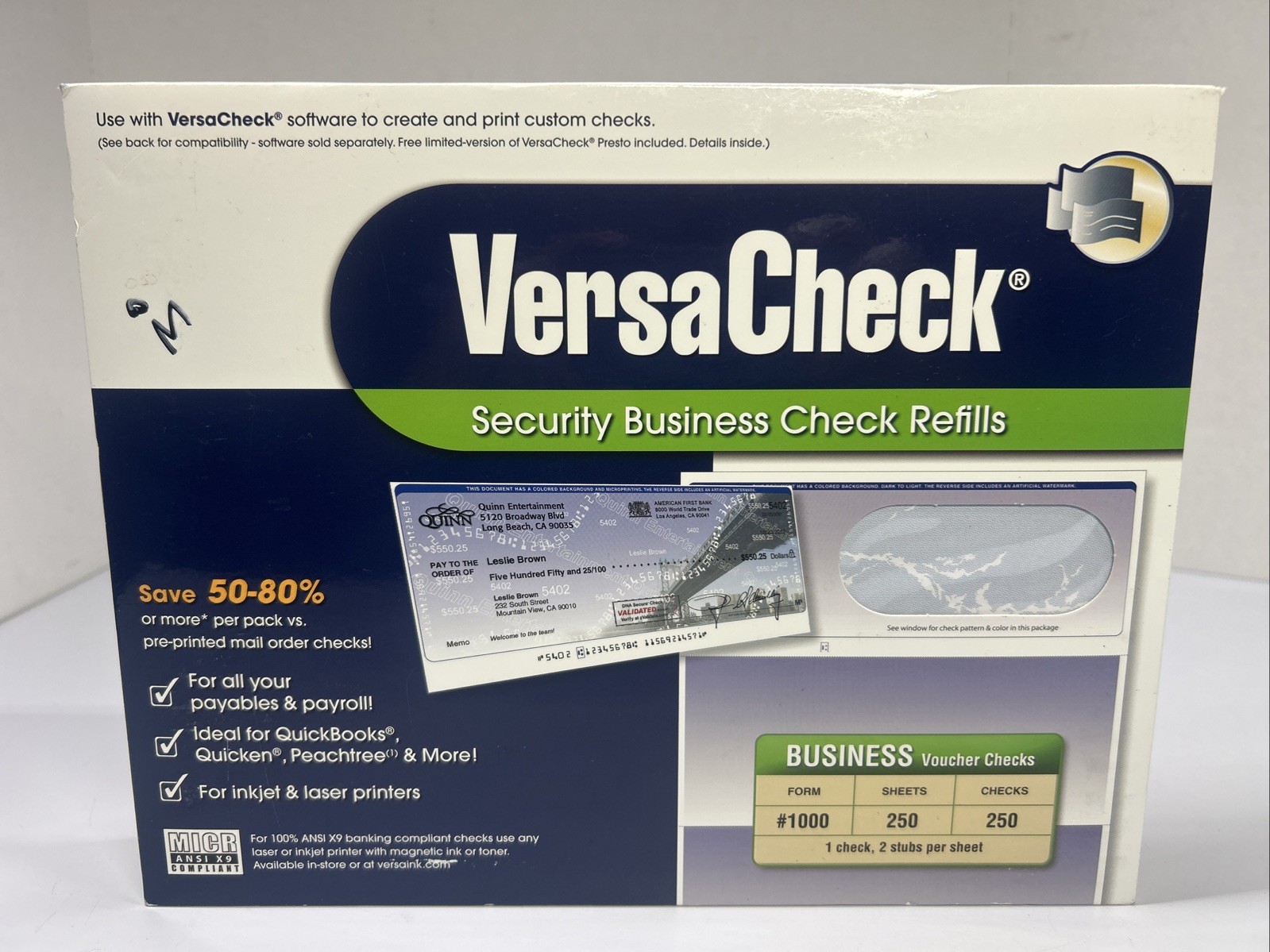 VersaCheck UV Security Business Check Refills: Form #1000, Checks 250 Blue