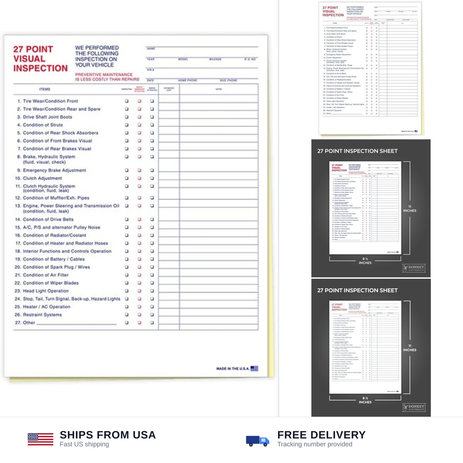 27 Point Inspection Sheet – Vehicle Inspection Form – 100 Pack