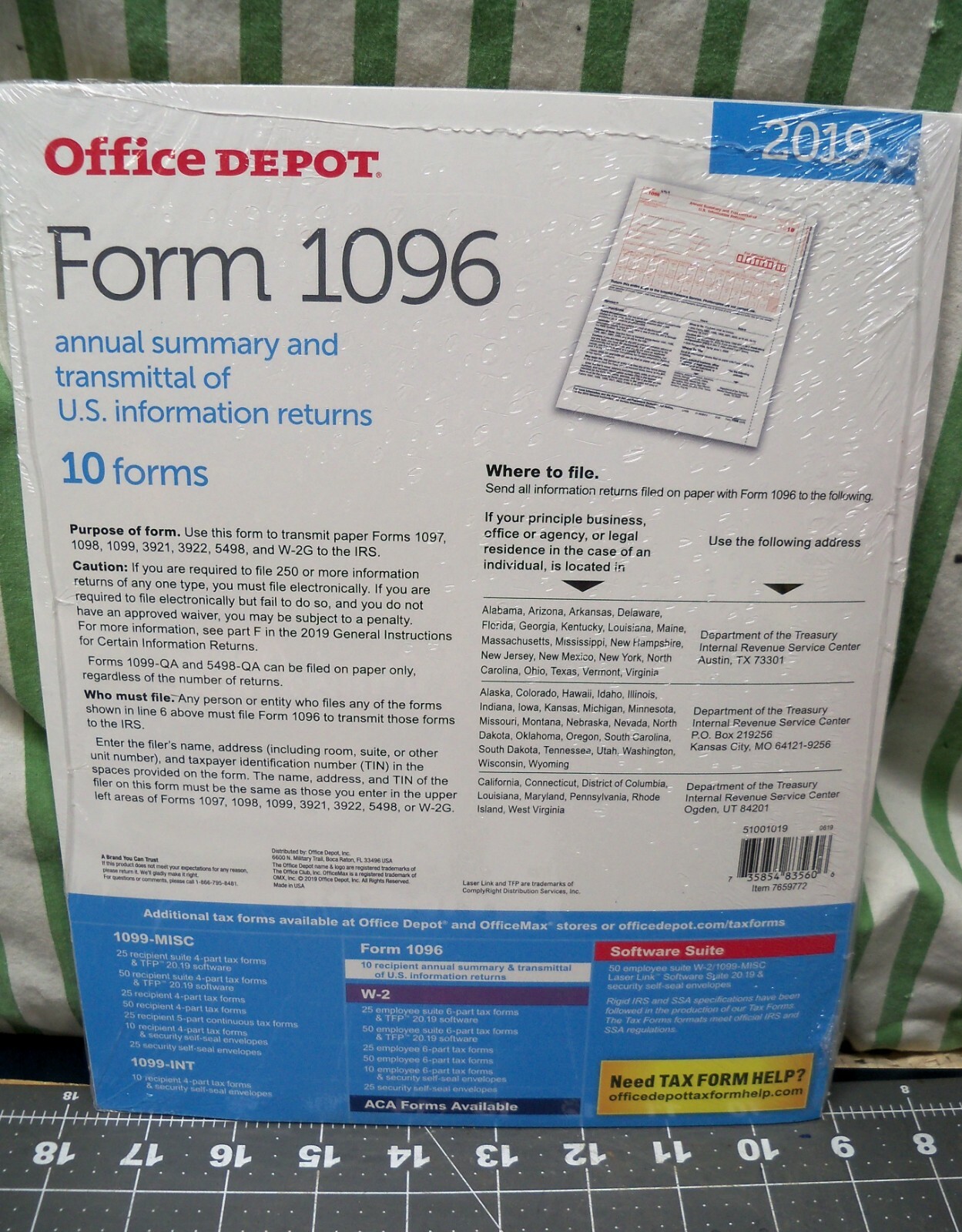 10 pack 2019 Tax Form 1096 Annual Transmittals ONLY (for 1099-MISC to IRS)