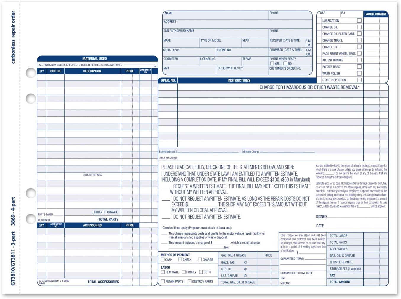 Garage Repair Order Forms, 8.5 X 11 Inch, 3 Part, 250Count, Canary and White Tag