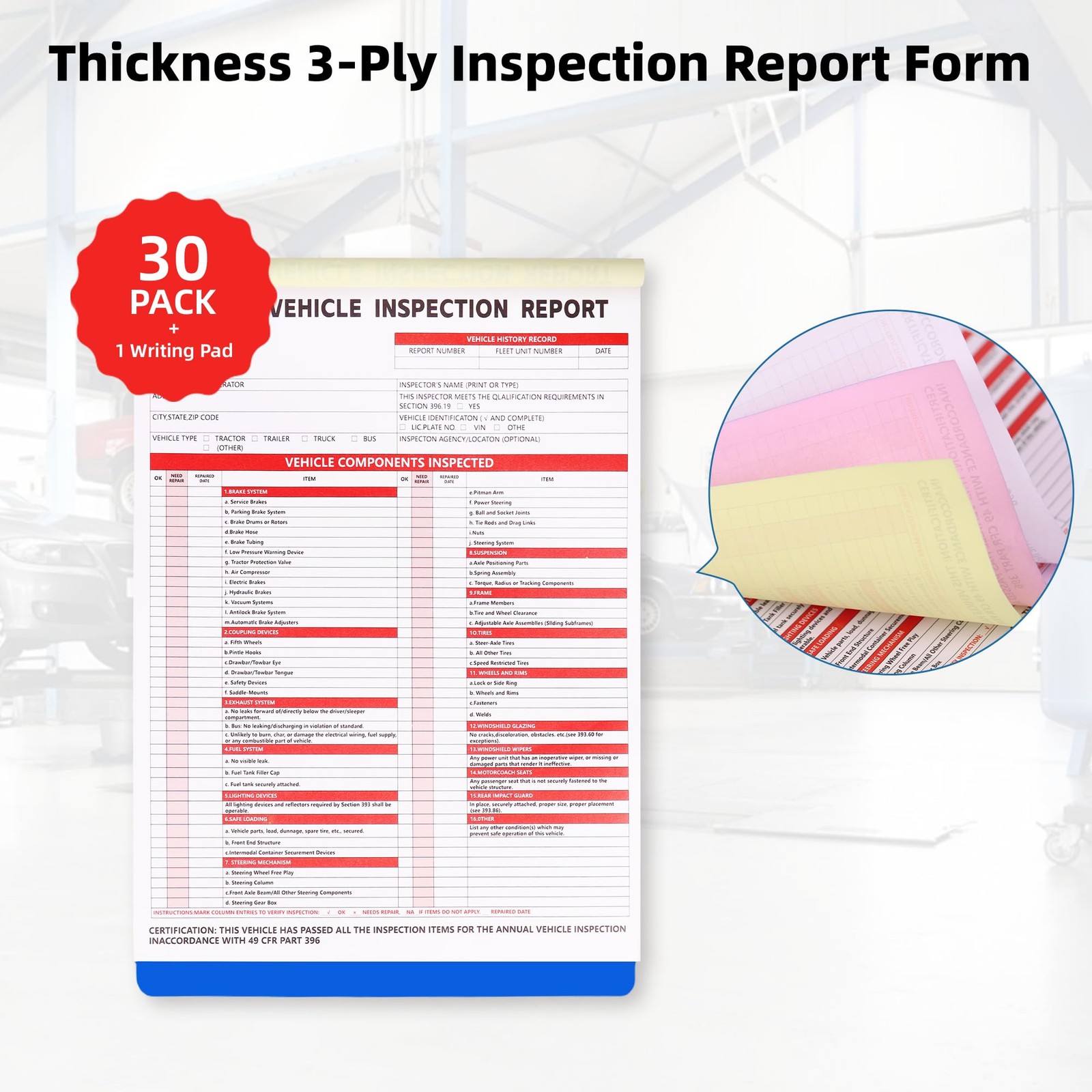 30Pack Annual Vehicle Inspection Report Form, 3Ply Carbonless Form and Hardbo…