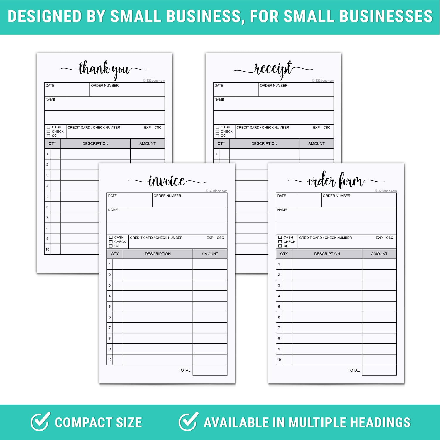 321Done Thank You Receipt Book, Made in USA – 3.4X5.5 Order Form, 2-Part Carbonl