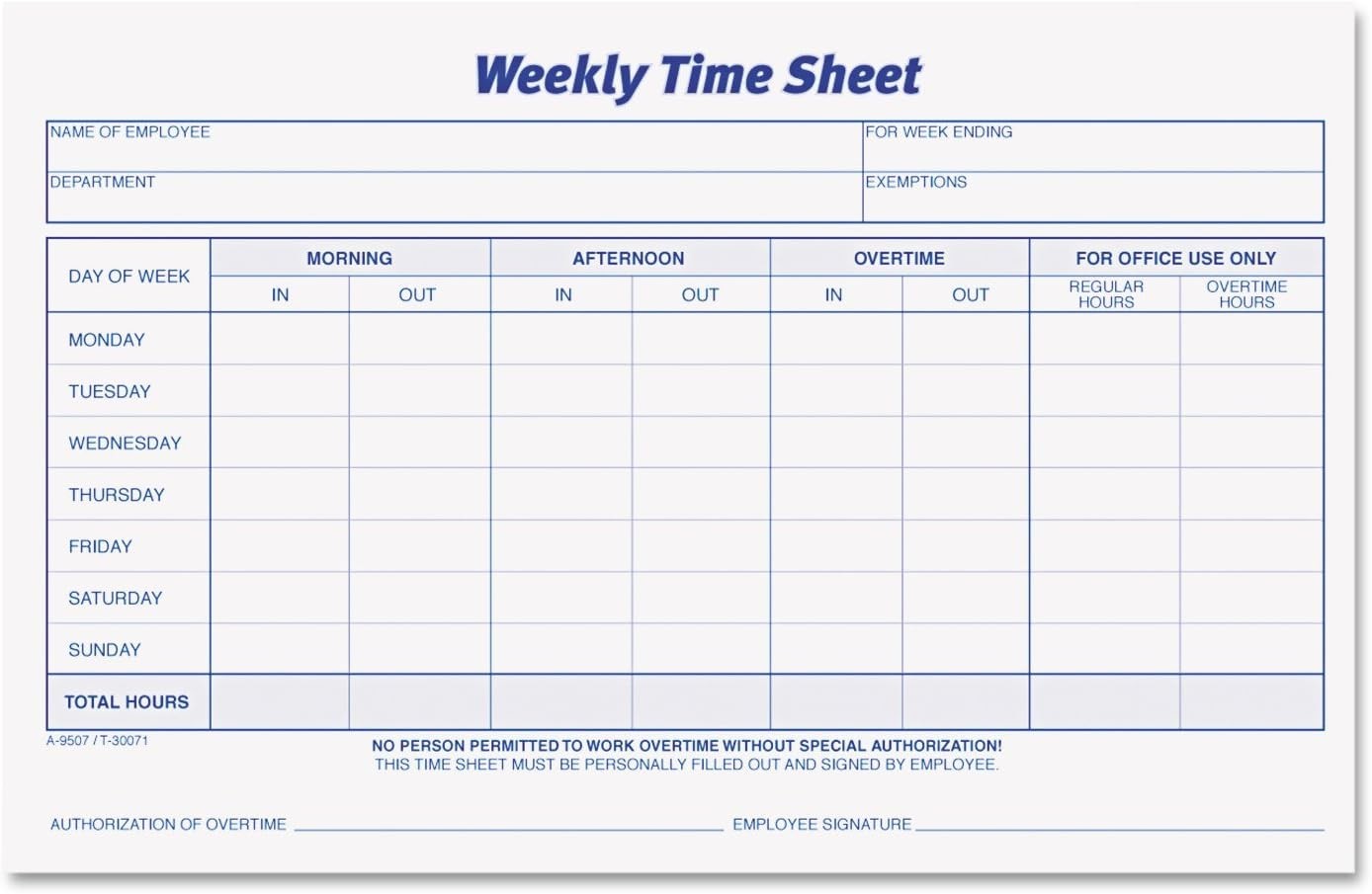 Weekly Time Sheets, One-Part No Copies, 8.5 x 5.5, 5 Forms/Pad, 2 Pads/Pack