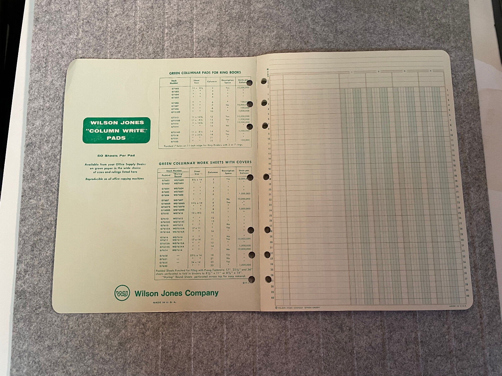 Vintage 1968 WILSON JONES Column Write Columnar Pad Green G7504 4 Column Unused