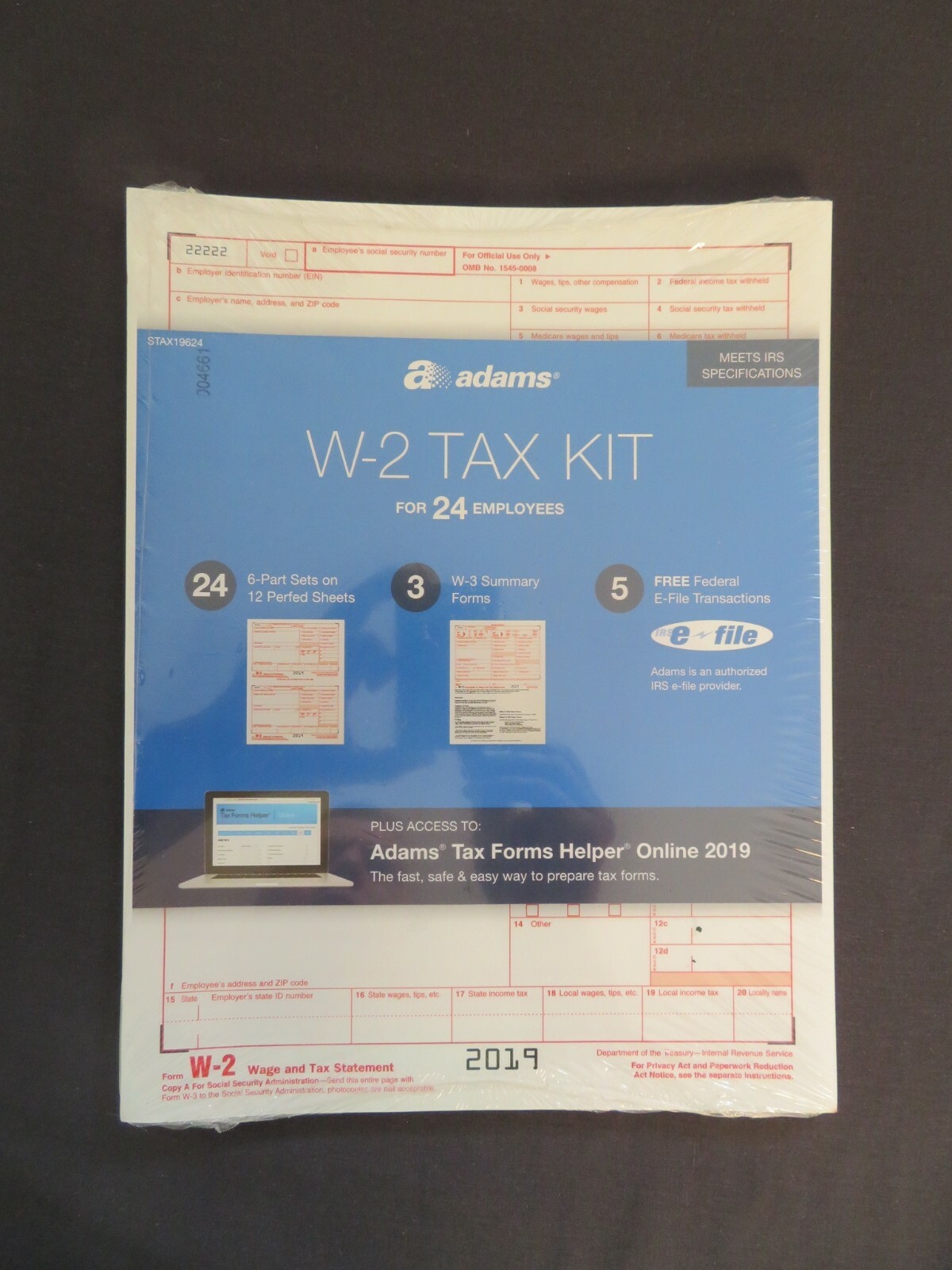 2019 Adams W-2 Tax Kit 24 6-Part Sets, 3 W-3 Summary Forms, 5 Free Fed e-File