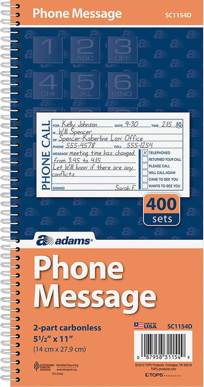 Phone Message Book, Carbonless Duplicate, 5.5 X 11 Inches, 4 Sets per Page, 4 Se
