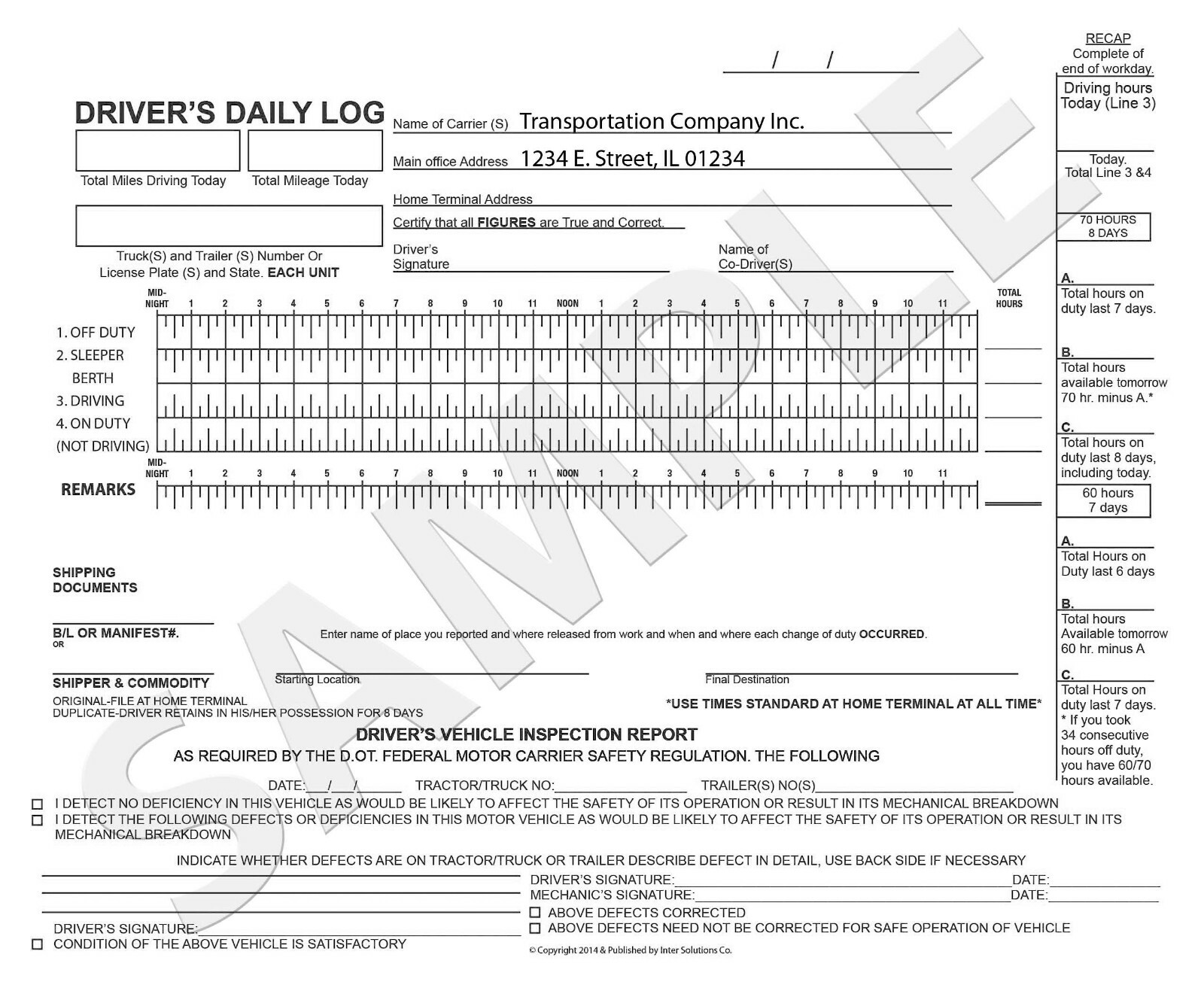 Driver’s Daily Log Report Form with Inspection