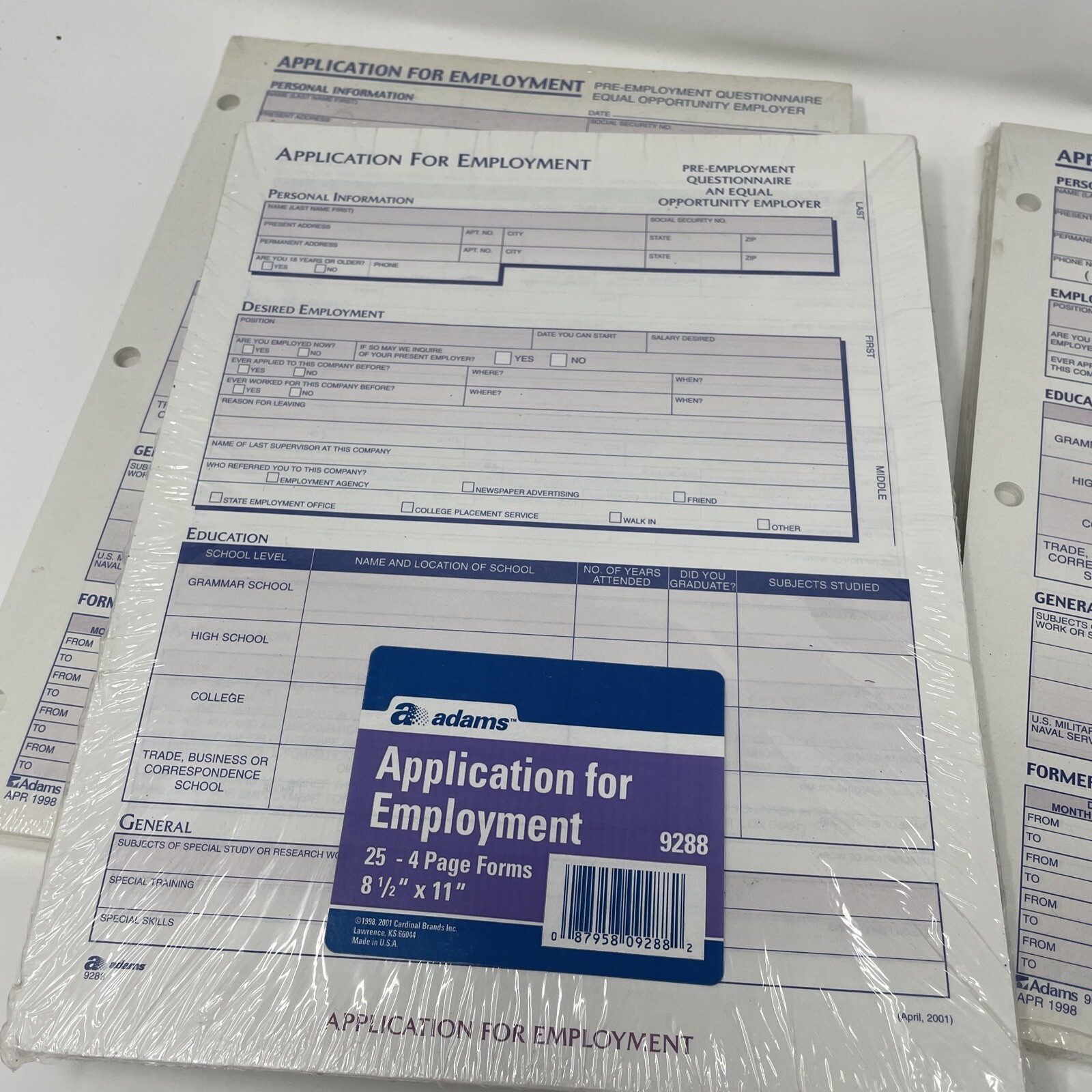 Vintage 1998 Adams 9668 & 9288 Lot Application for Employment NEW.