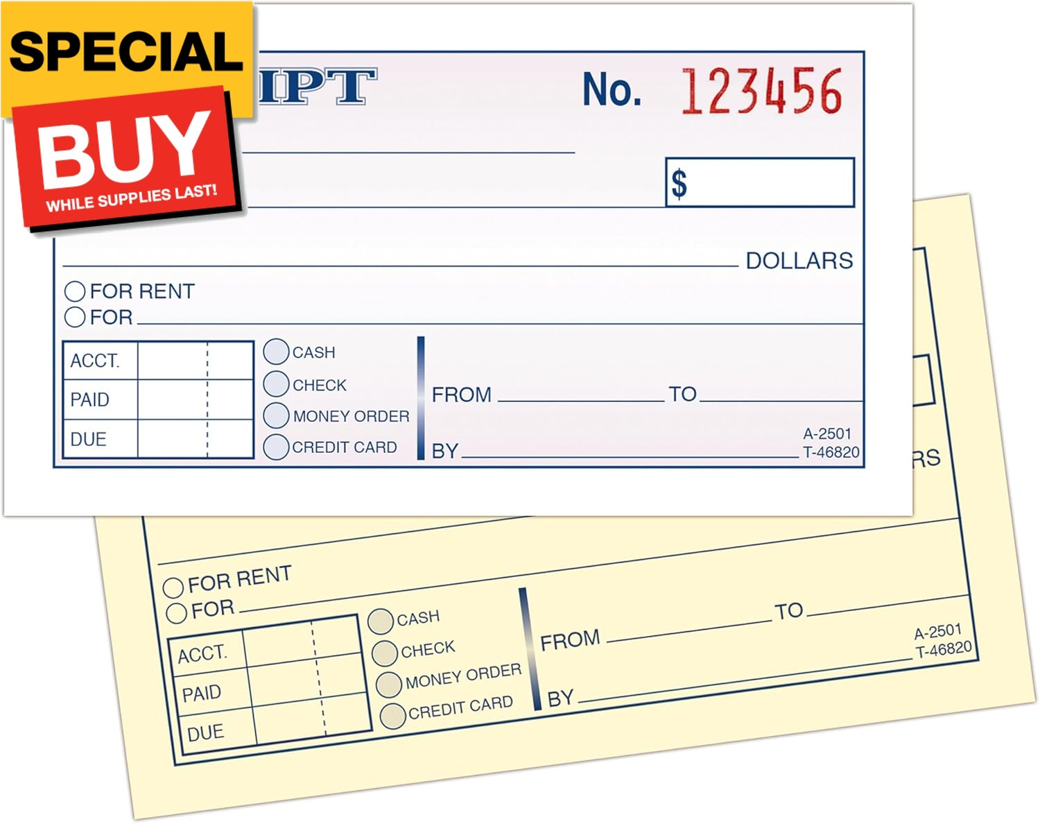 Money and Rent Receipt, 2-3/4 x 5-3/8 Inches, 2-Parts, Carbonless, White/Canary,