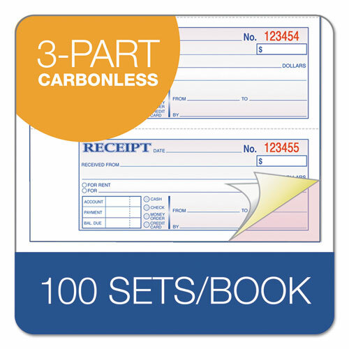 Receipt Book, 7 5/8 x 11, Three-Part Carbonless, 100 Forms, Pack of 6