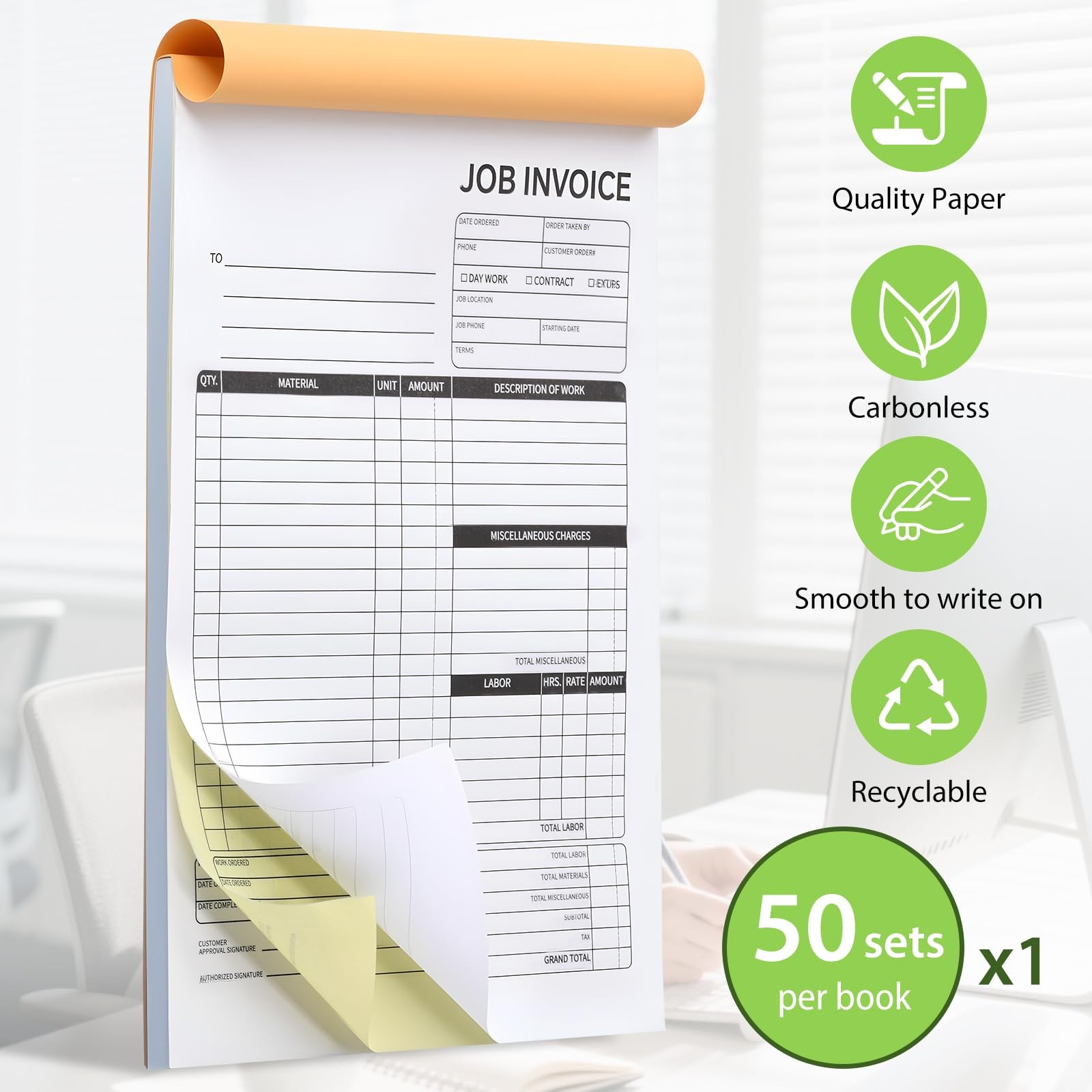 SJKHGU Carbonless Work Order Invoice Book Forms 7.5×11″ 50 Sets 2-Part Small