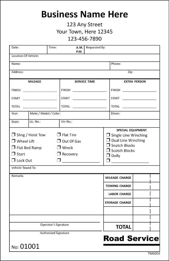 Custom Road Service Repair Towing Forms, 2 Part or 3 Part / 5.5 x 8.5 / TMG059