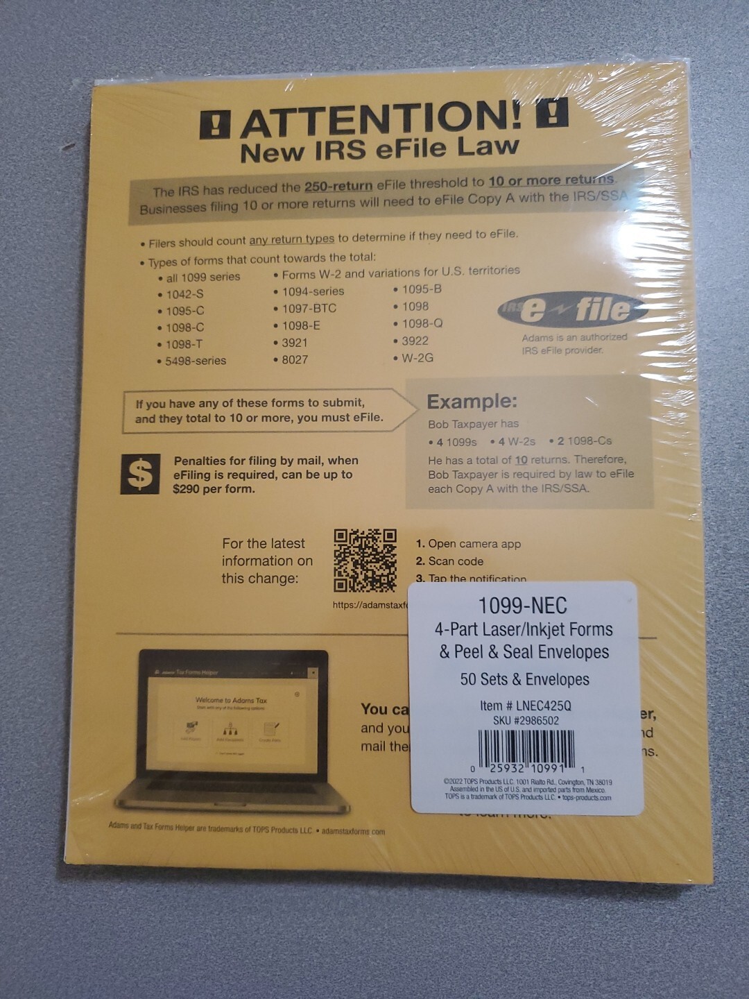 TOPS 2023 1099-NEC Tax Form Kit with Envelopes 4-Part 50/Pack (LNEC425Q)