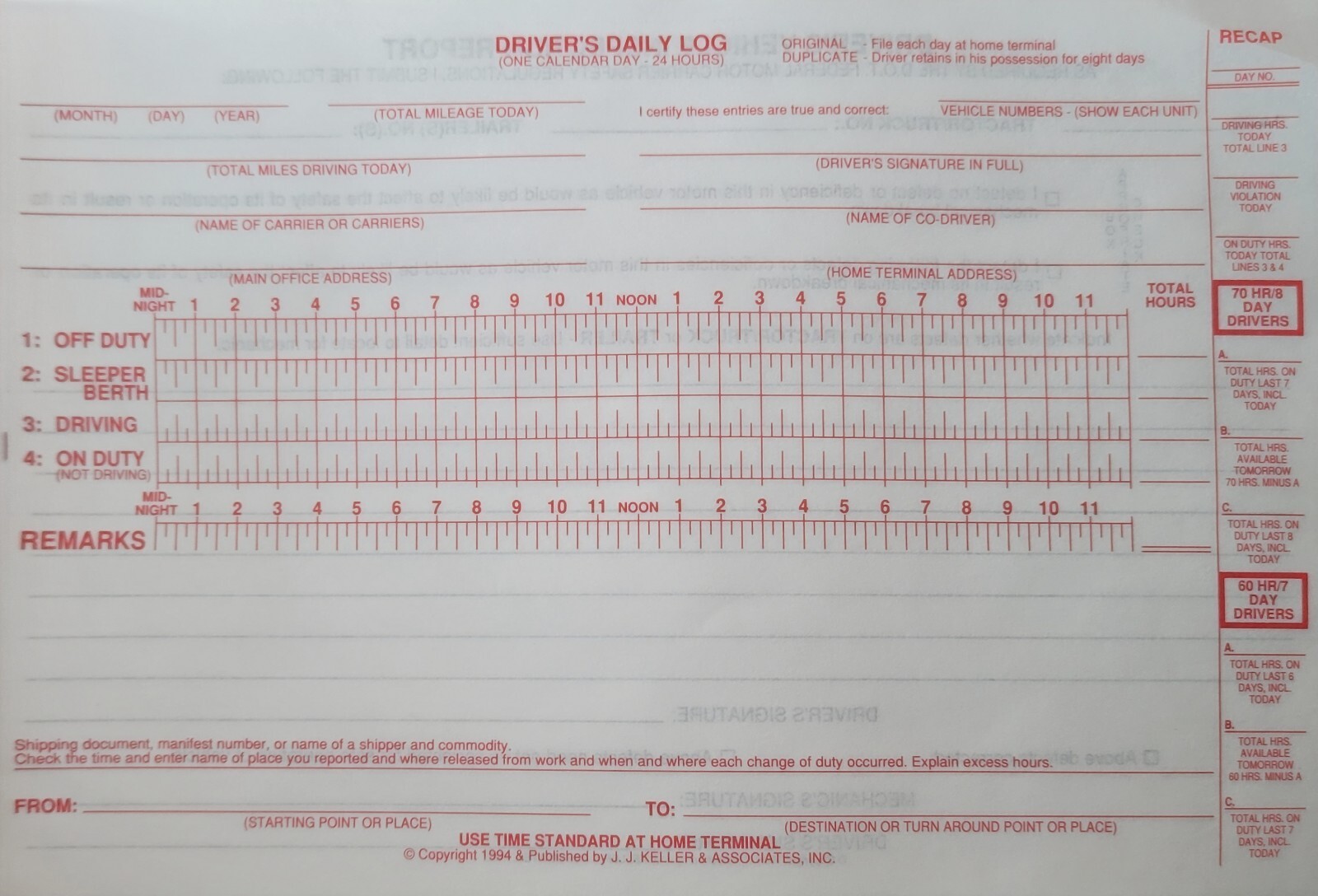 Vintage Offical Driver’s Daily Log Book Texaco Bob’s Truck Stop 1994 carbon copy