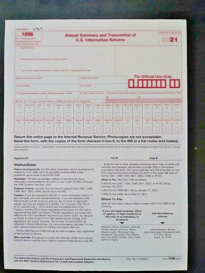 2021: 5 SHEETS 1099-MISC IRS Miscellaneous Income Tax & 3=1096 Transmittal Forms