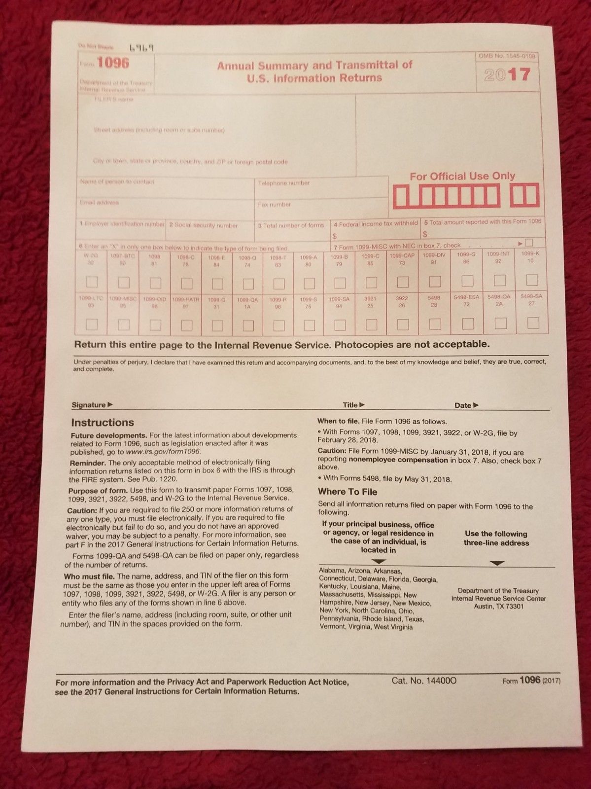 2017 IRS 1099-MISC Forms (for 2 recipients)-For Prior Year’s Tax Filing Season