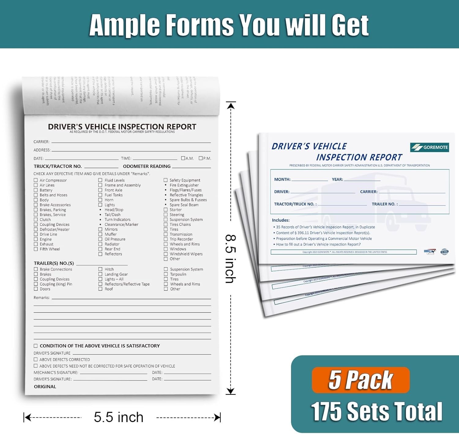 Detailed Driver’s Vehicle Inspection Report, 5 Pack, Daily Pre Trip Inspectio…