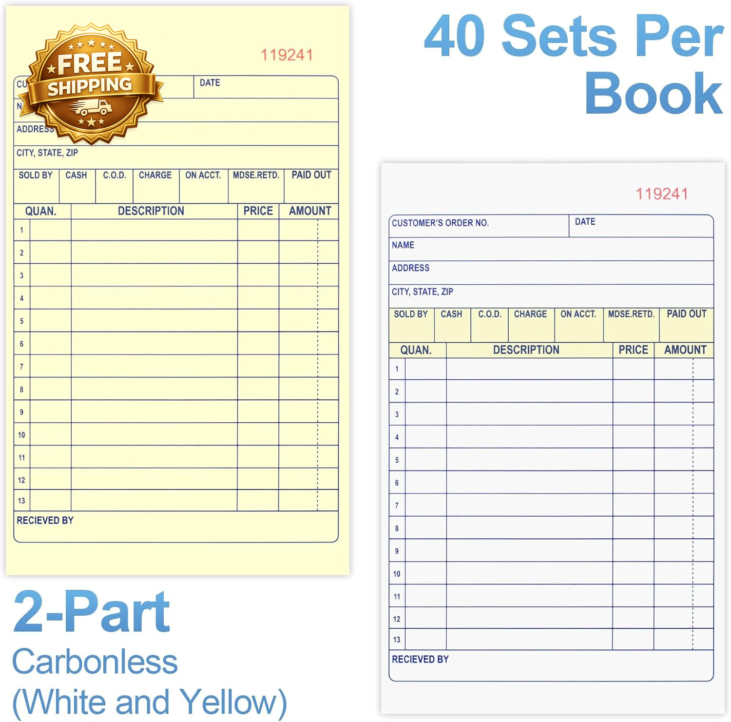 4 Pack Sales Order Book 4.17Inx7.2In Receipt Book with Carbon Copies 2-Part