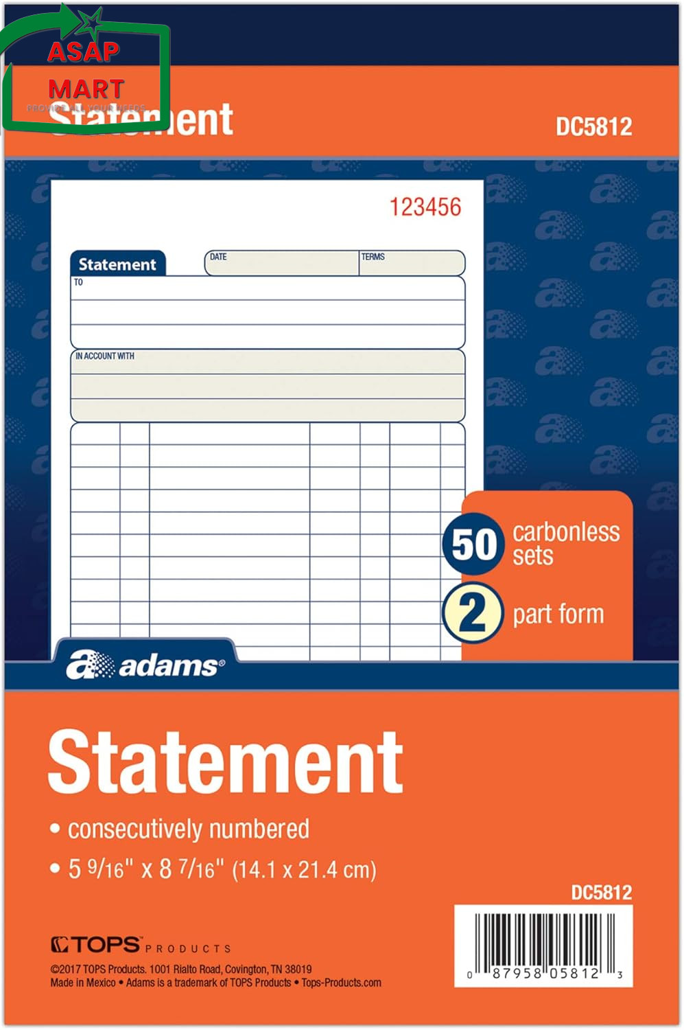 Tops Adams Statement Book, 2-Part Carbonless, White/Canary, 5-9/16 X 8-7/16 Inch