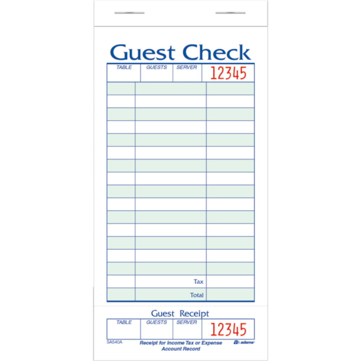 1000 total 20 Books Adams 1 Part Guest Check w Stub 50 check/book SA540A Receipt